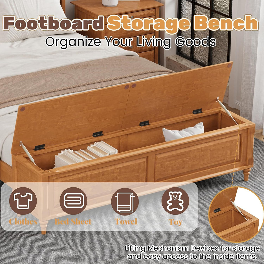 King Bed Frame with 53' Tall Headboard and Storage Bench, Solid Wood King Size Platform Bed with 64' Footboard Storage Chest,Heavy Duty Slats System,No Box Spring Needed, Natural