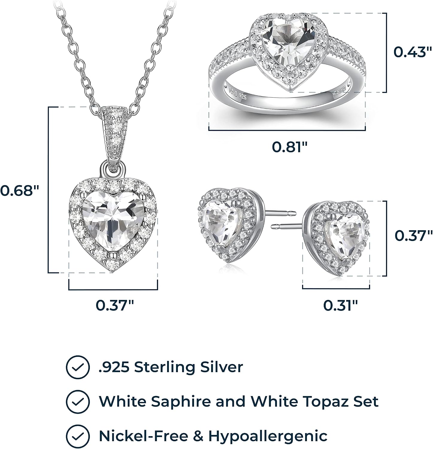 MORGAN & PAIGE .925 Sterling Silver Gemstones and White Sapphire Halo Heart Pendant Necklace, Ring and Stud Earrings for Women Set - Birthstone Jewelry Sets for Women, 18in Cable Chain, Size 7 Ring
