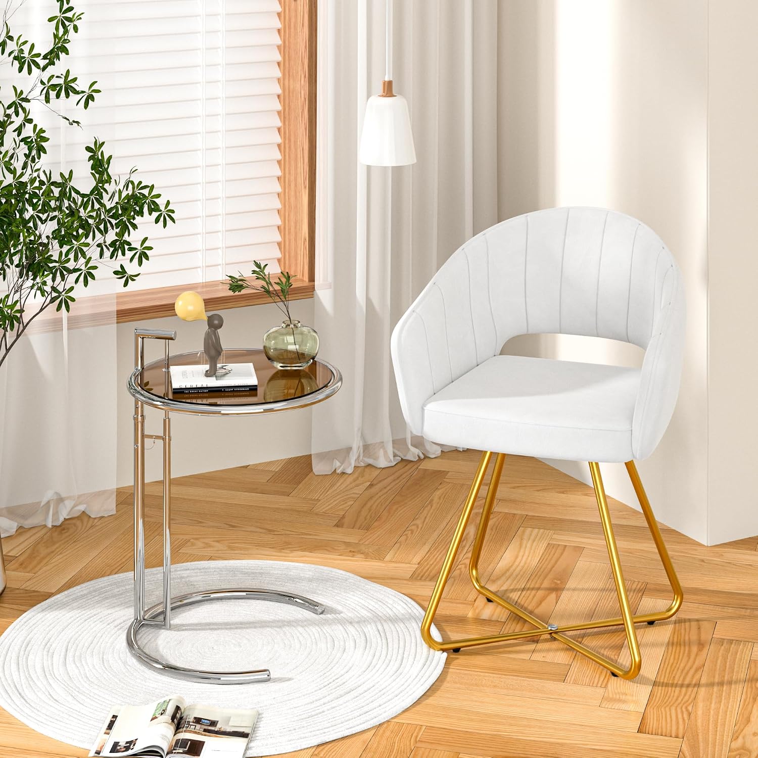 VECELO Velvet Accent Chair Set of 2, Luxury Vanity & Dining Chair with Gold Cross Base, 360°Swivel Upholstered Armchair for Living Room, Bedroom, Home Office, Pearl White