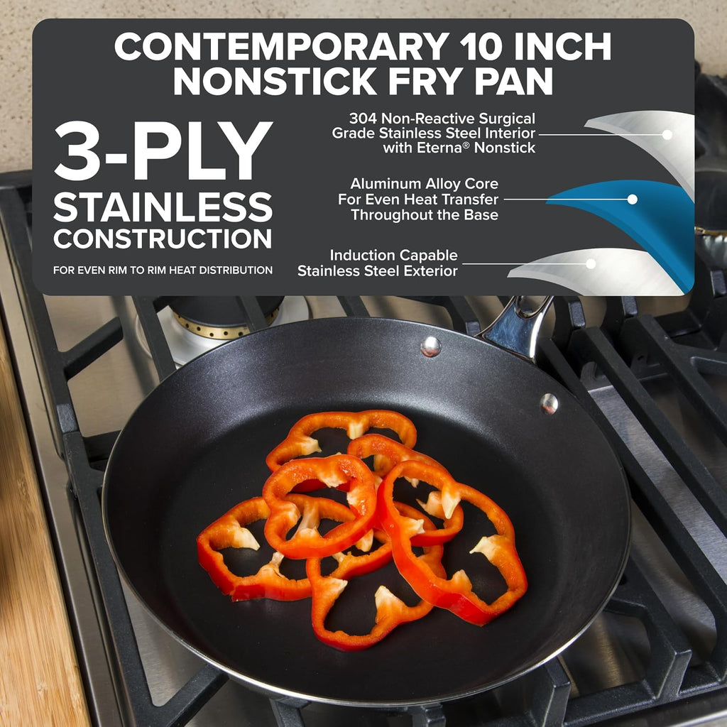 Viking Contemporary 3-Ply Non Stick Frying Pan, 10 Inch Stainless Steel Nonstick Fry Pan, 3 Liters, Silver