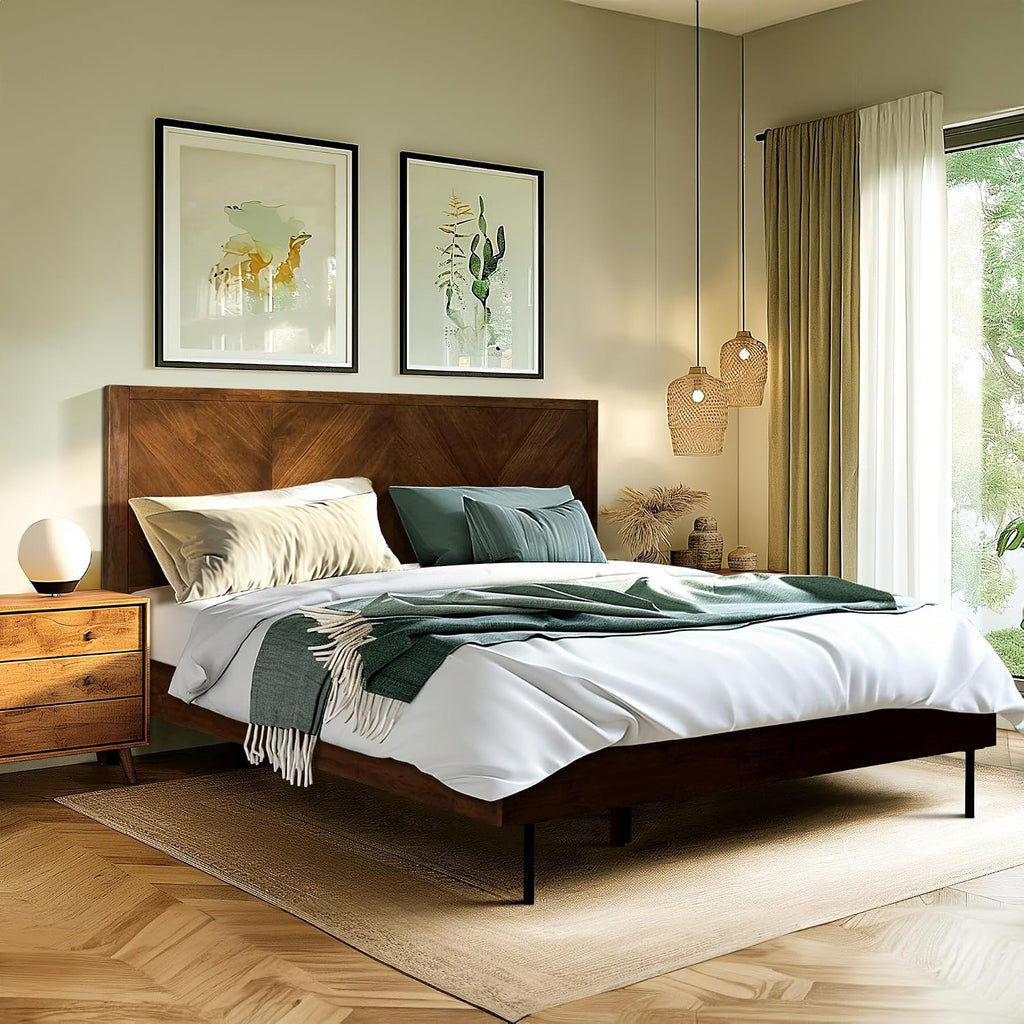 Acacia Alander King Bed Frame and Headboard Solid Wood Platform Bed, Scandinavian Signature Wood Bed Compatible with All Mattress Types, Bed Frame King Bedroom Furniture, Wood Slats Support, Walnut
