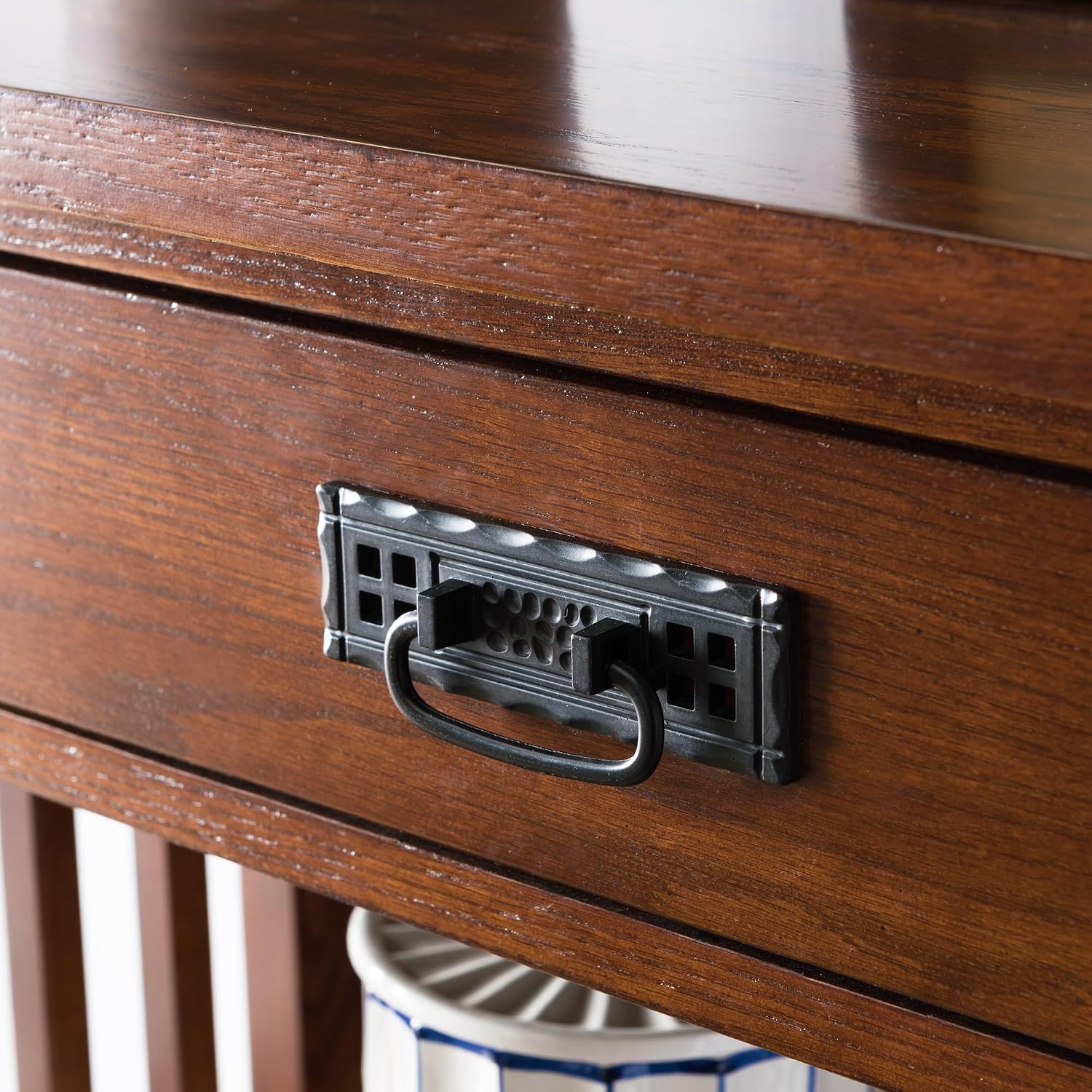 Leick Home 82262 Mission Mantel Height Bookcase with Slatted Sides and Top Drawer, Made with Solid Wood, for Living Rooms, Mission Oak Finish, Brownbronze