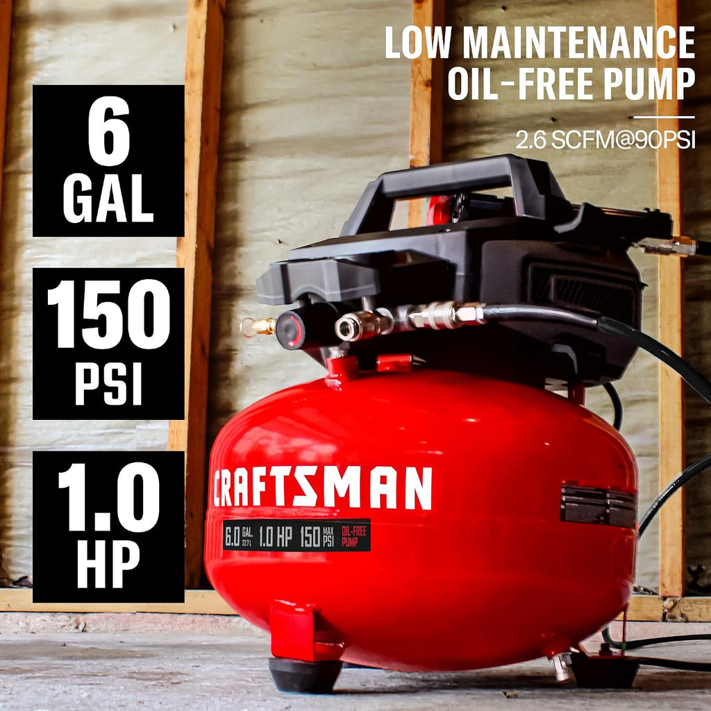 Craftsman 6-Gallon Pancake Air Compressor, 150 PSI, Oil-Free, w/ 16GA Finish, 18GA Brad & 23GA Pin Nailers, 25-Ft Hose