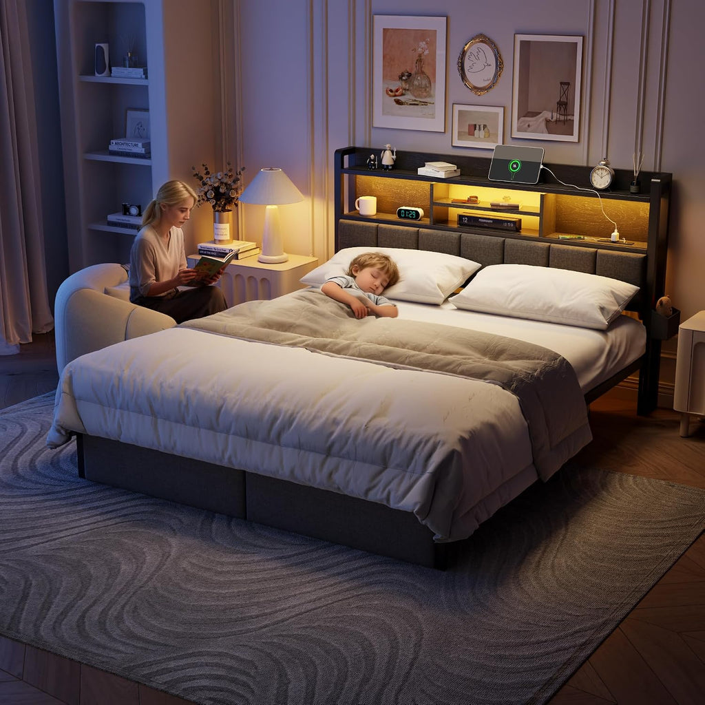 Furnulem King Bed Frame with Wood Headboard & Storage Drawers, Metal Platform Bed Frames King Size with LED Lights, Built in Charging Station, No Box Spring Needed, No Noise, Easy Assembly, Black