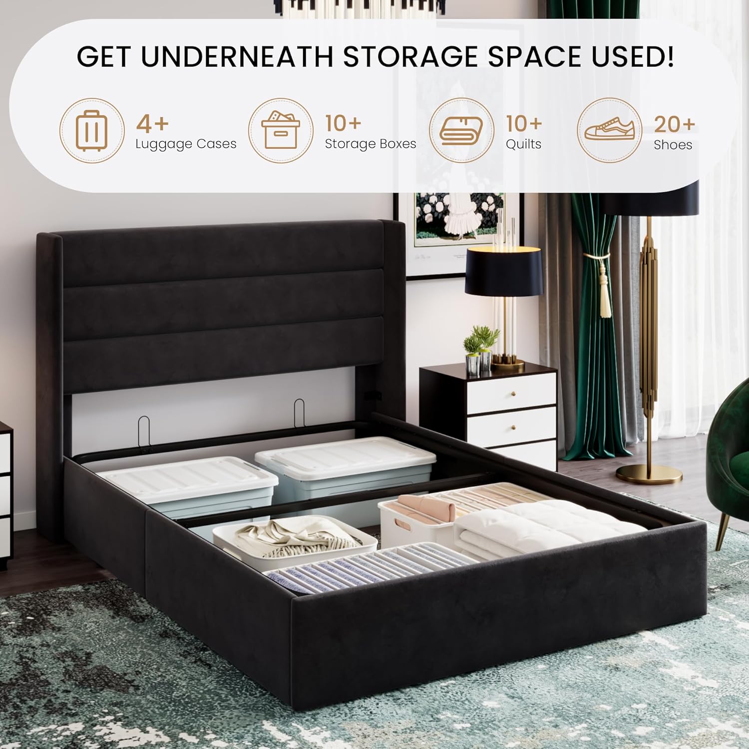 SHA CERLIN Queen Size Lift Up Storage Bed/Velvet Upholstered/Modern Wingback Headboard/Upholstered Platform Bed Frame/Hydraulic Storage/No Box Spring Needed/Black