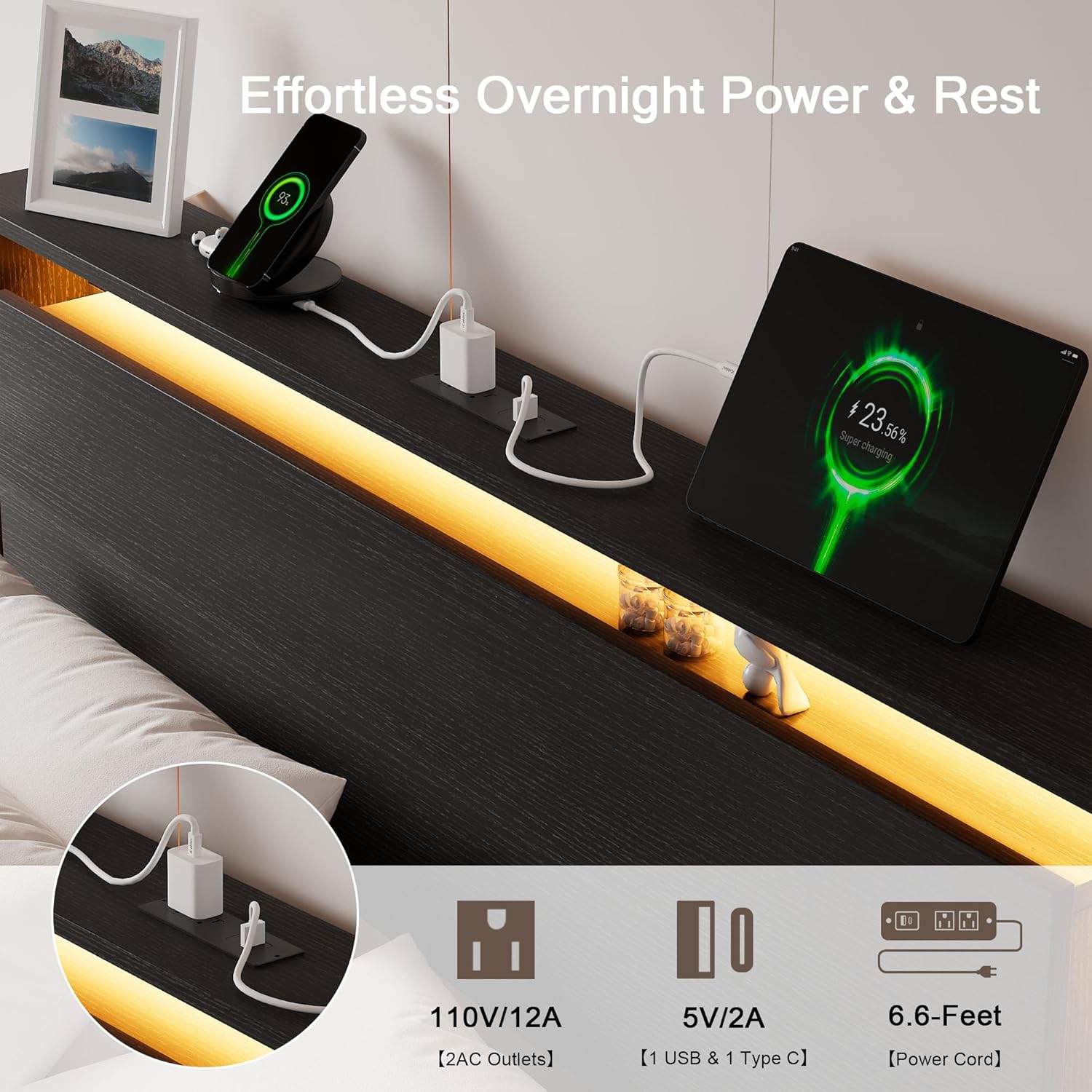 Einhomn Full Size Bed Frame with LED Lights & Charging Station – Kids Wood Floating Bed Frame with Storage Headboard, Adhesive Slats, Kick-Free & Noise-Free Design, Easy Assembly, Black