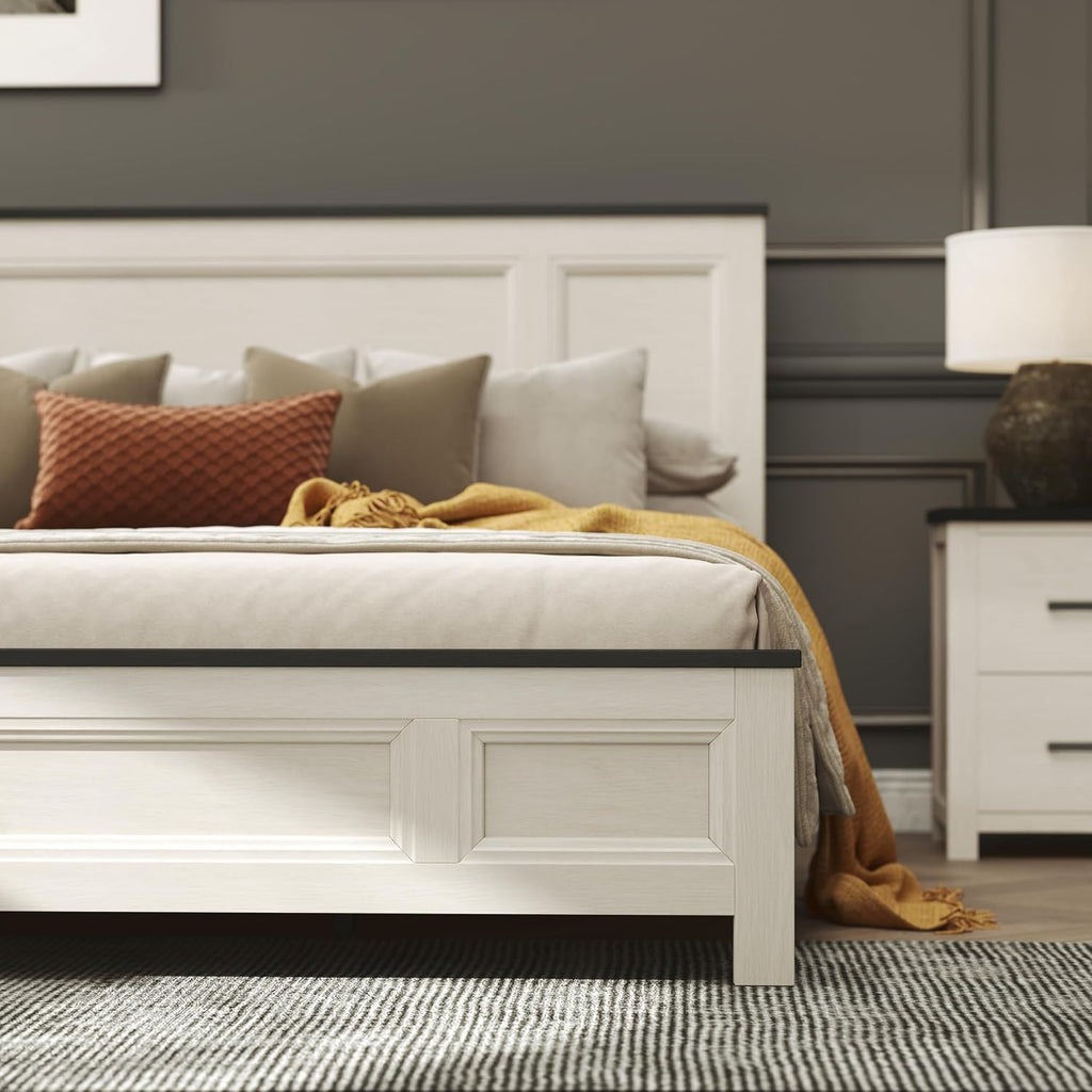Roundhill Furniture Realynn 5-Piece Wood Bedroom Set, King Size Panel Bed with Dresser, Mirror, and 2 Nightstands, Off-White Finish
