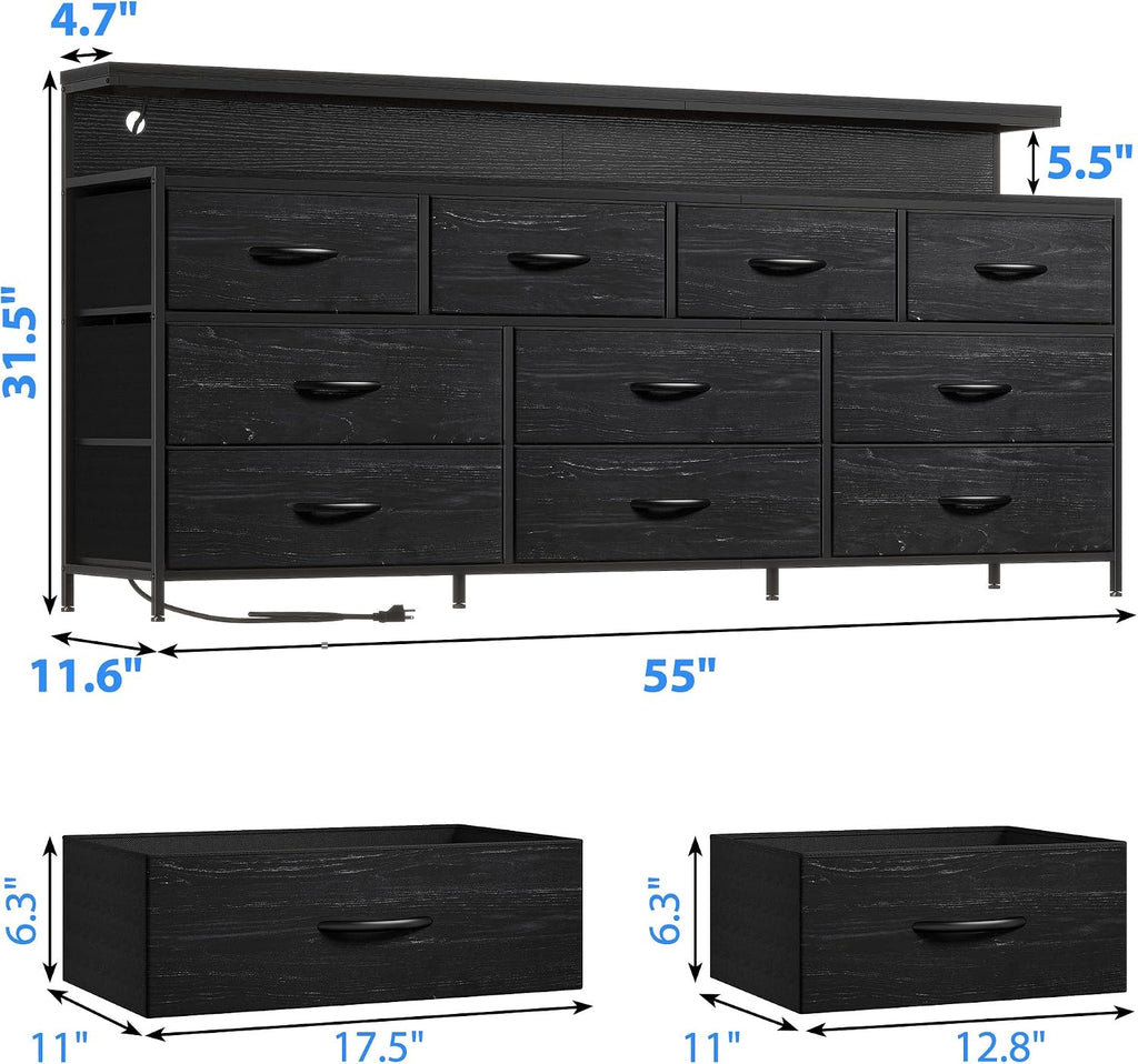 EnHomee 55' W Dresser for Bedroom with 10 Fabric Drawers Long Dresser with LED Lights & Power Outlets Dressers & Chests of Drawers Large Organizer for Bedroom, Metal Frame, Wood Top, Charcoal Black