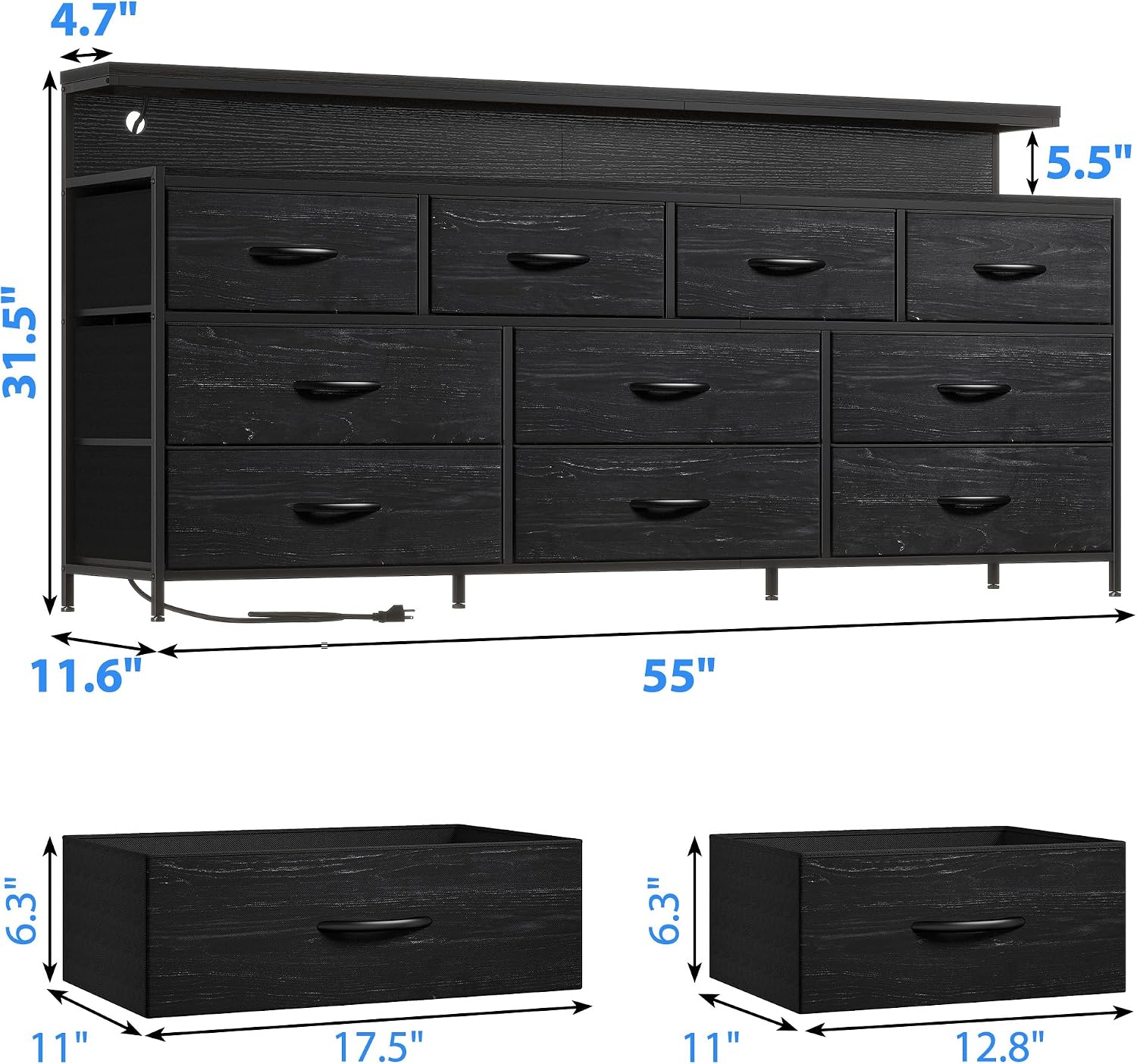 EnHomee 55' W Dresser for Bedroom with 10 Fabric Drawers Long Dresser with LED Lights & Power Outlets Dressers & Chests of Drawers Large Organizer for Bedroom, Metal Frame, Wood Top, Charcoal Black