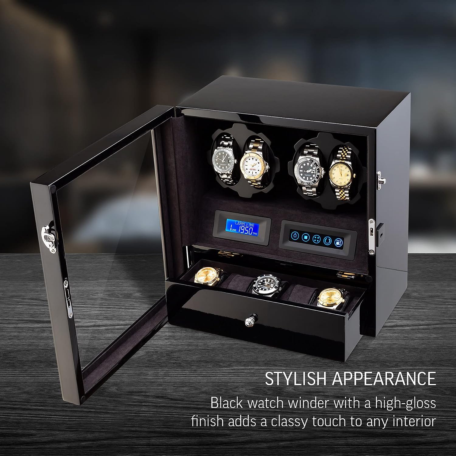 4 Watch Winder with 5 Watch Storage Space, LCD Display, Touch Control and Interior Light