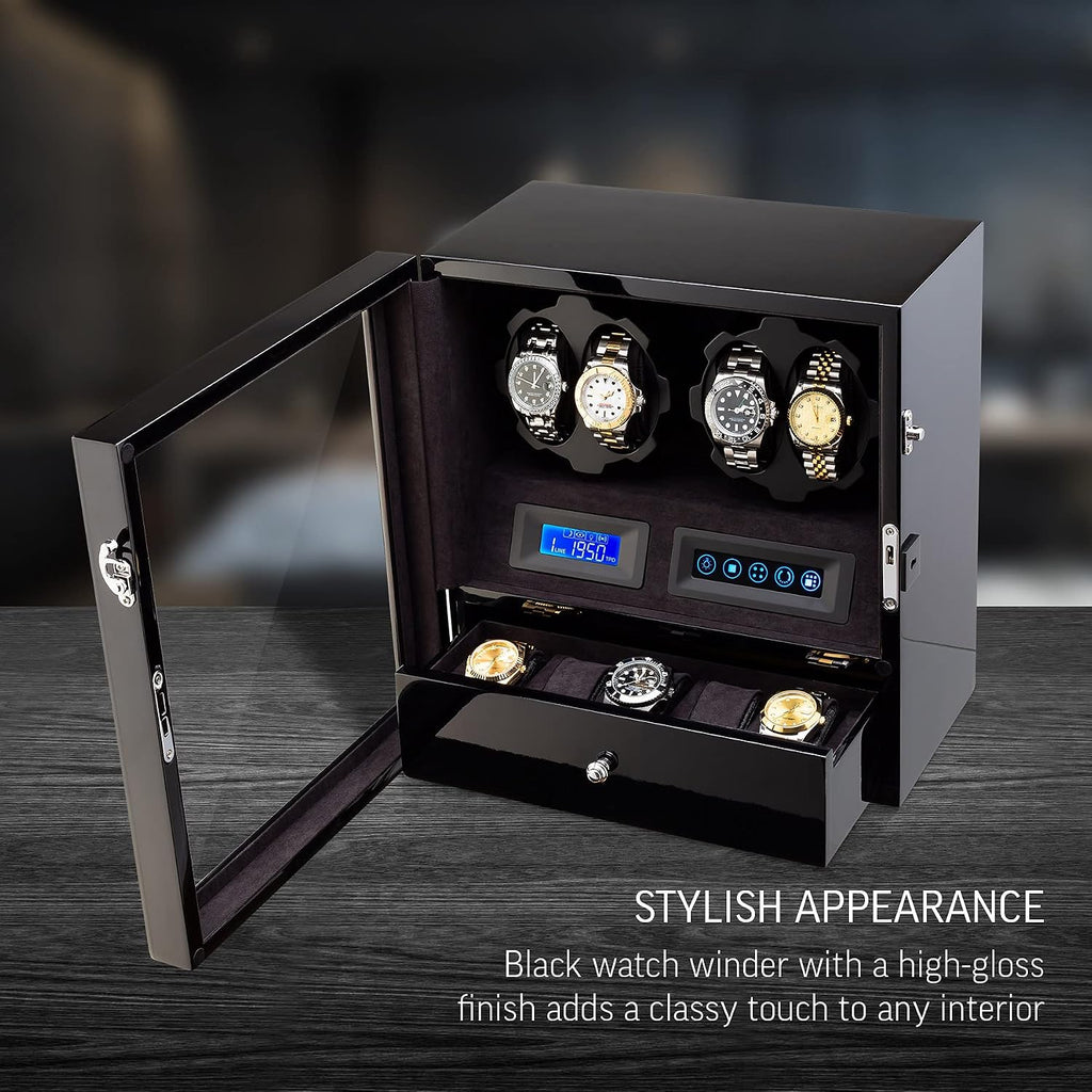 4 Watch Winder with 5 Watch Storage Space, LCD Display, Touch Control and Interior Light