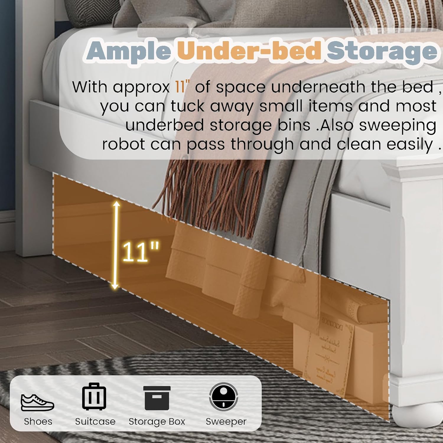 Wood Bed Frame King with Tall Headboard & Footboard, Traditional King Panel Bed with USB Charging Station for Bedroom, Guest Room, Easy Assembly, No Box Spring Required,White