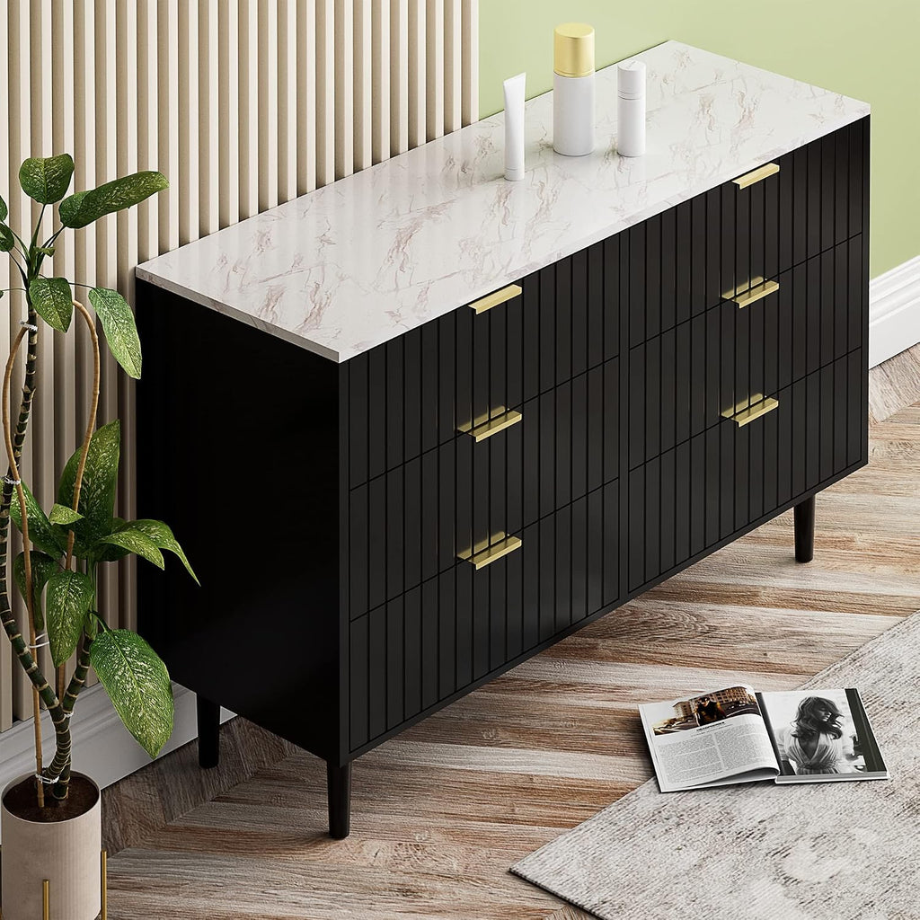 Anbuy Dresser and Nightstand Sets - 3 Pieces Bedroom Set with 6 Drawer Dresser and 2 Drawer Night Stands, Modern Dresser & Chests of Drawers Bedside Table with Gold Handle & Faux Marble Top