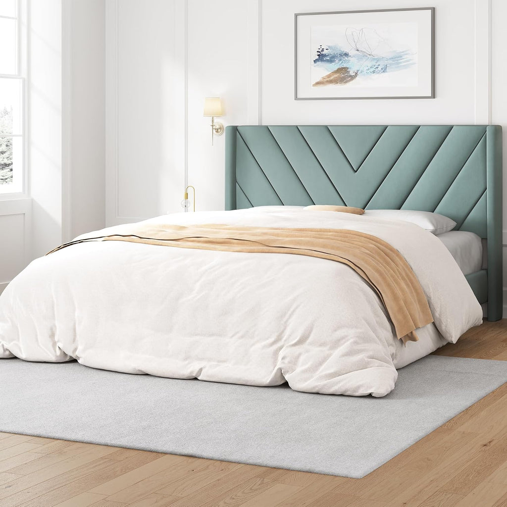 Yaheetech Queen Bed Frame Upholstered Platform Bed/Wooden Slat Support/Tufted Headboard with Wing Side/Mattress Foundation/No Box Spring Needed,Blue Lake Queen