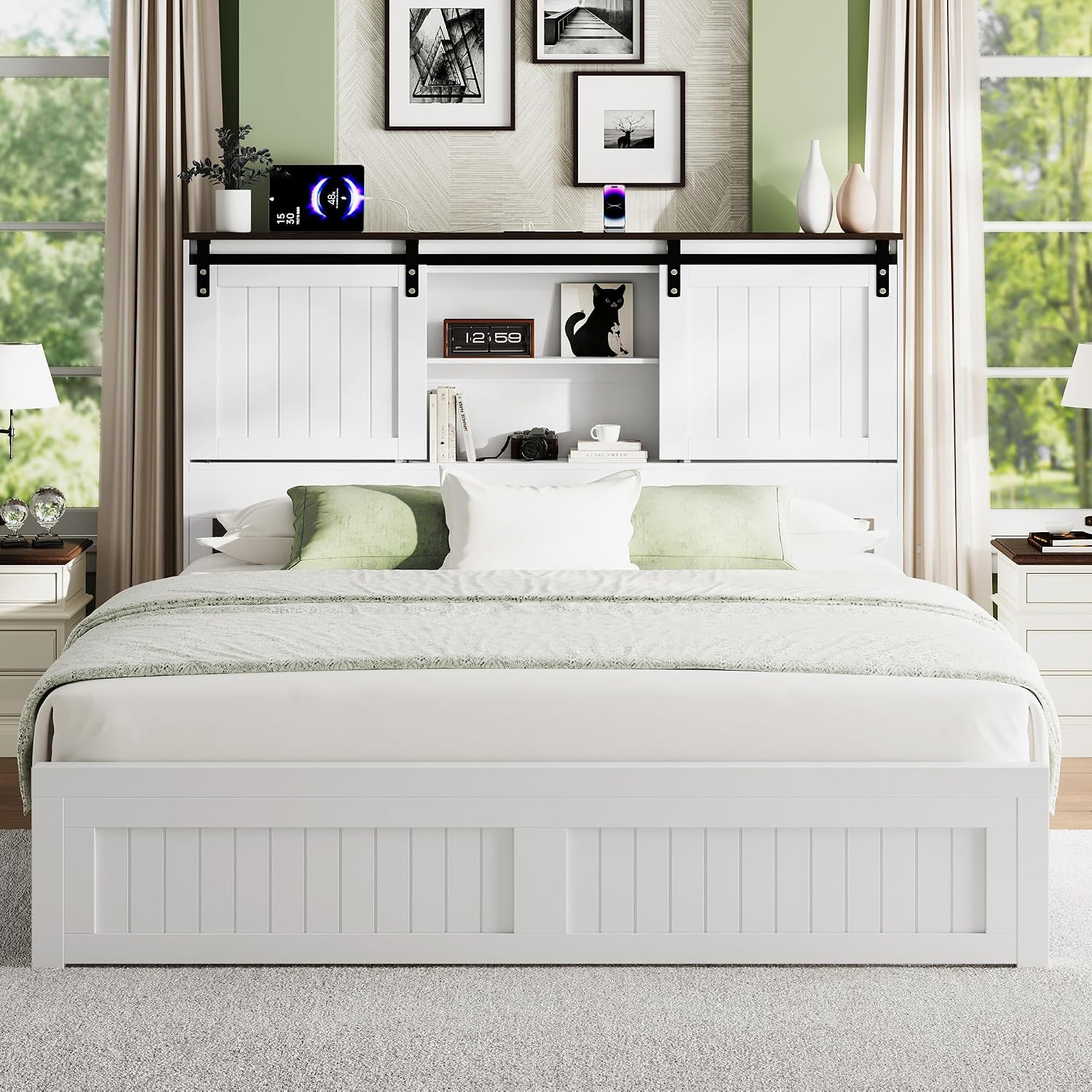 Queen Size Bed Frame with Storage, Sliding Barn Door, Farmhouse Wood Platform Bed with Reading Light and Charging Station, Wood Slats Support, Easy Assembly, Noise-Free, Antique White