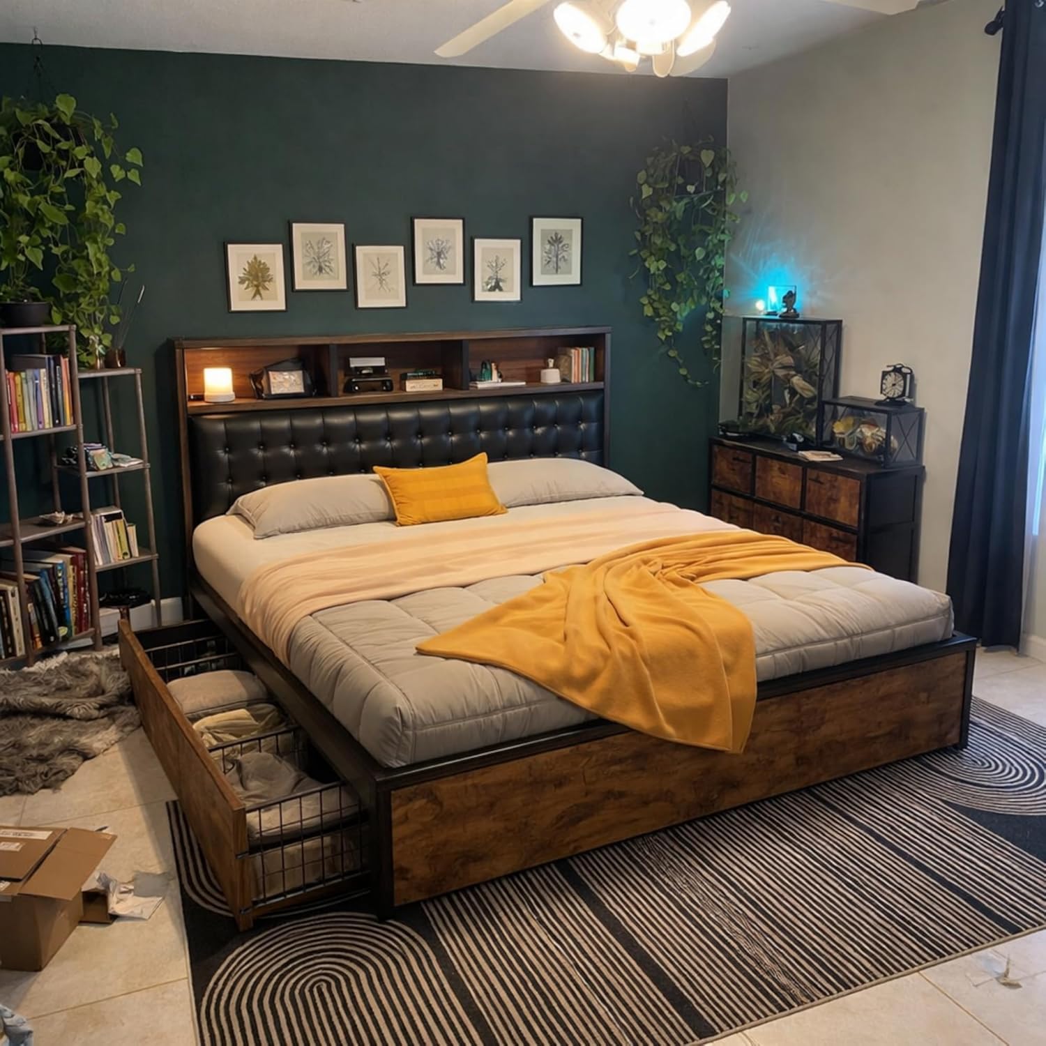 EnHomee Queen Bed Frame with 4 Storage Drawers, Bed Frame Queen Size with Upholstered Headboard and Built in Charging Station, No Noise, Metal Support, No Box Spring Needed,Vintage Brown