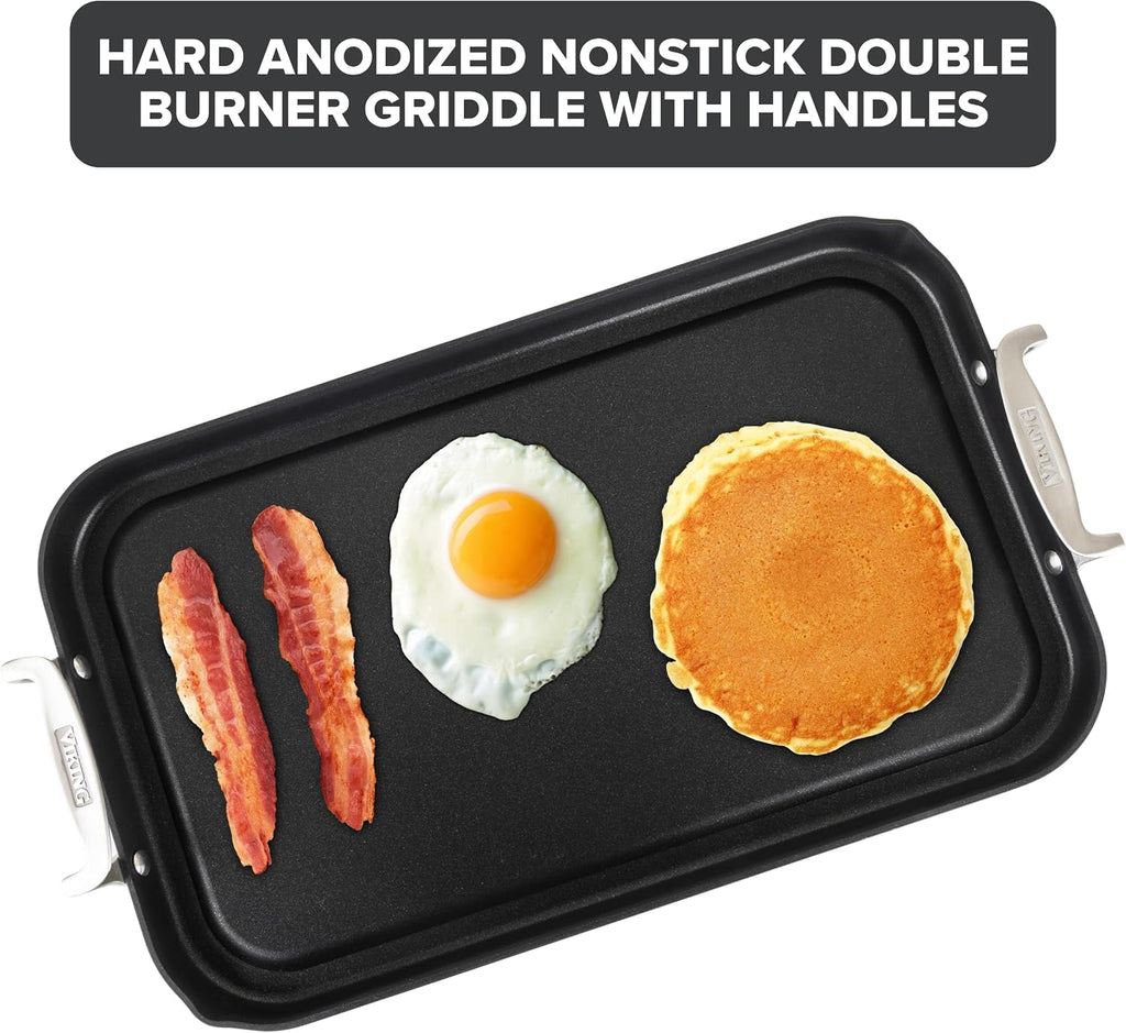 Viking Nonstick Double Burner Griddle, 19 x 11 Inch Hard Anodized Kitchen Grill Pan with Handles, Oven Safe, Works on Gas, Ceramic, and Electric Stove Top