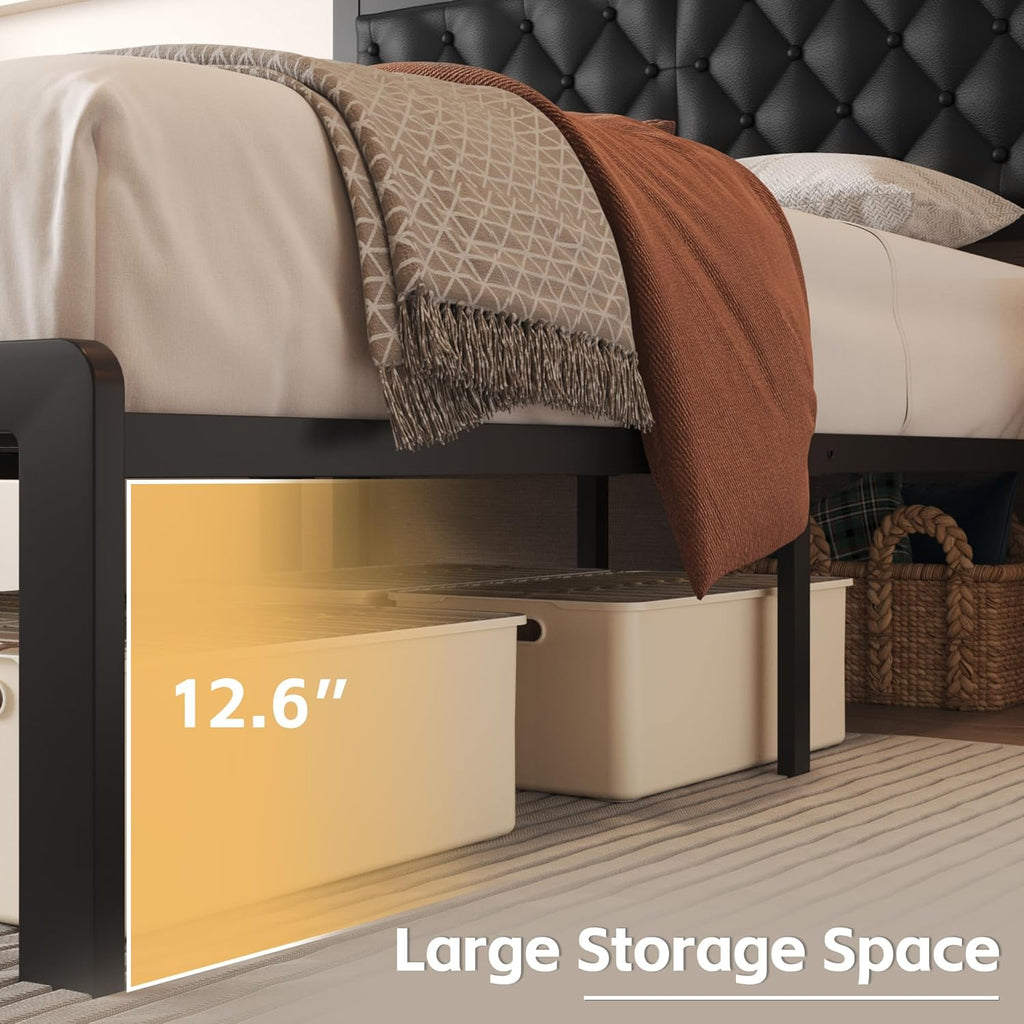Fluest Full Bed Frame with Headboard PU Leather Upholstered Bed Frame Platform,All Metal Slats Support Platform Bed Frame with Storage Space,Easy Assembly,Noise Free,No Box Spring Needed,Black