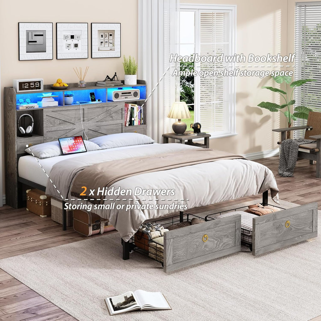 TIGUBFRE Queen Bed Frame with Storage Headboard, Farmhouse Wood Bed Frame Queen Size with 4 Drawers, LED Light & Charging Station, Metal Slats Support, Noise Free, No Box Spring Needed, Rustic Gray