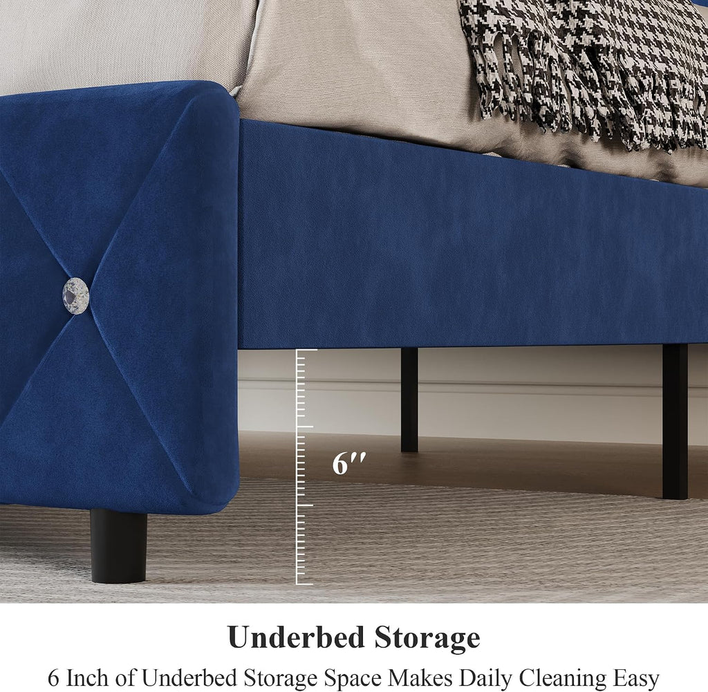 Lullabyre Twin Size Bed Frame, Upholstered Bed Frame with Diamond Tufted Headboard, Modern Silverside Wingback, No Box Spring Needed, Easy Assembly, Blue