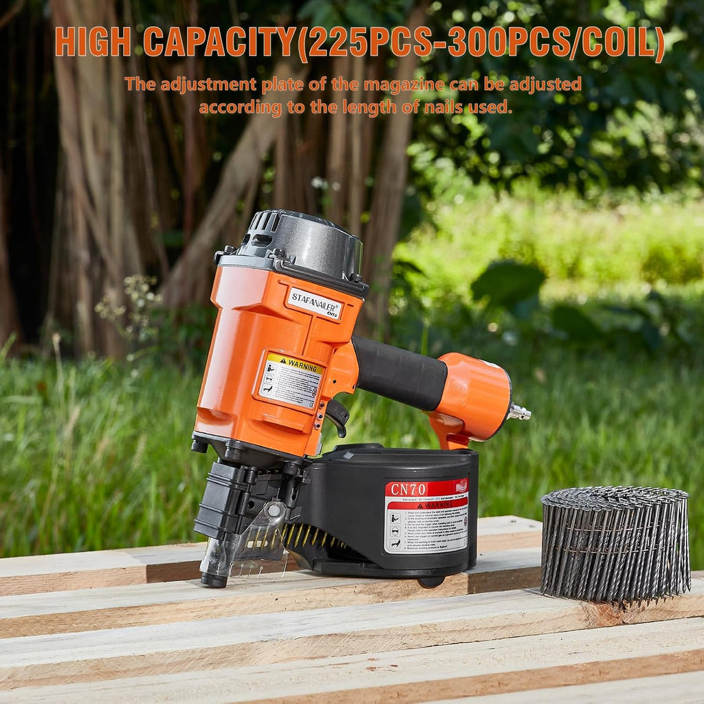 Update CN70 Air Coil Nailer, 15 Degree Pneumatic Coil Nail Gun, 1-3/4' to 2-3/4' Fast Shooting Nailer, High Speed Air Coil Nail Gun for Pallets, Siding, Crating, Fencing, Decking