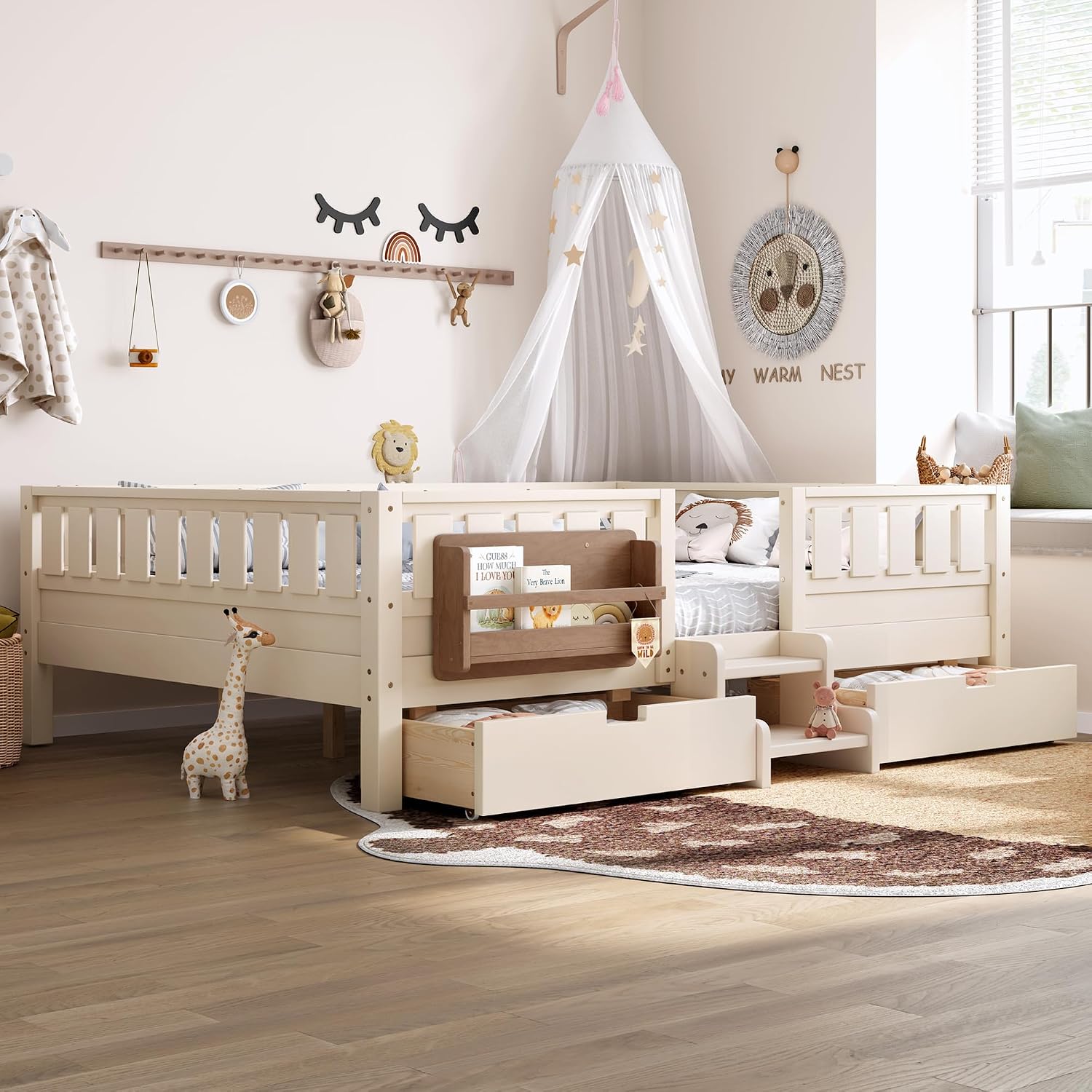 Bellemave Queen Size Montessori Bed with Slats and Stairs, Queen Size Platform Bed Frame with Fence, Bookshelf and Storage Drawers, Low Profile Beds Beds for Girls, Boys, Beige