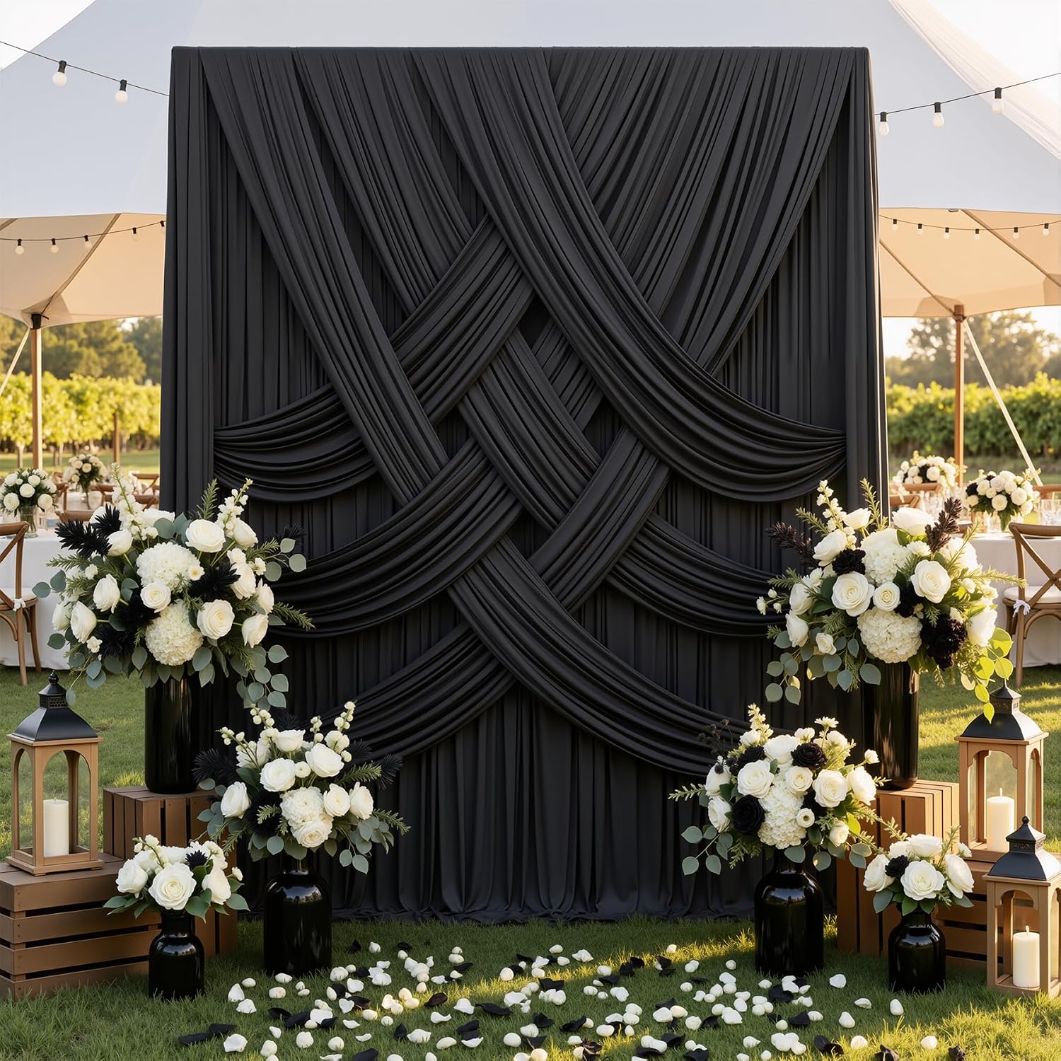 50ftx15ft Wrinkle Free Black Backdrop Curtain, 10 Panels 15FT Height Black Drapes for Wedding, Silky Polyester Polyester Back Drop Cloth Draping for Birthday Party Photography Background Party