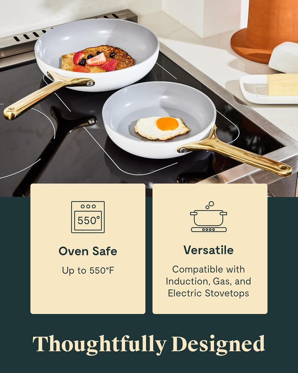 Caraway 4-Piece Fry Pan Set - Non-Stick Frying Pans (10.5' & 8') & Non-Stick Sauté Pan - Non Toxic, PTFE & PFOA Free - Oven Safe & Compatible with All Stovetops (Gas, Electric & Induction) - Cream