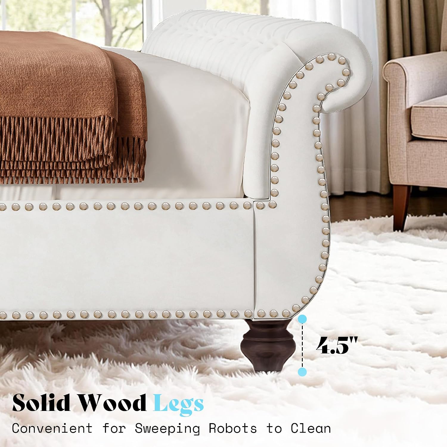 AMERLIFE 55' Tall Sleigh Bed Frame with Scroll Headboard & Footboard, Velvet Upholstered Platform Bed with Deep Button Tufted, Solid Wood Legs, No Box Spring Needed, White, Queen
