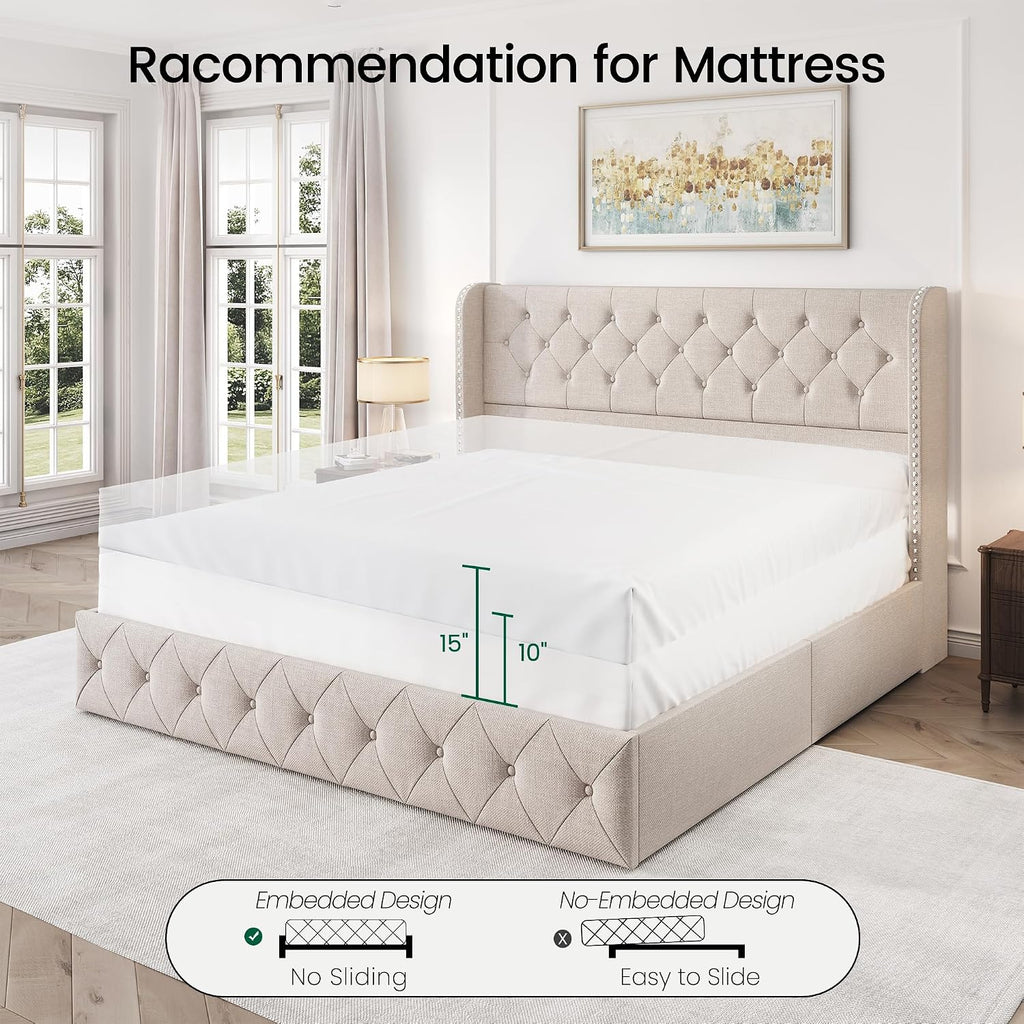 LARMACE King Size Bed Frame with 4 Storage Drawers and 47.2' Tall Tufted Headboard Linen Upholstered Platform Bed Frame Wingback Beds with Wooden Slats Support, Easy Assembly, Beige