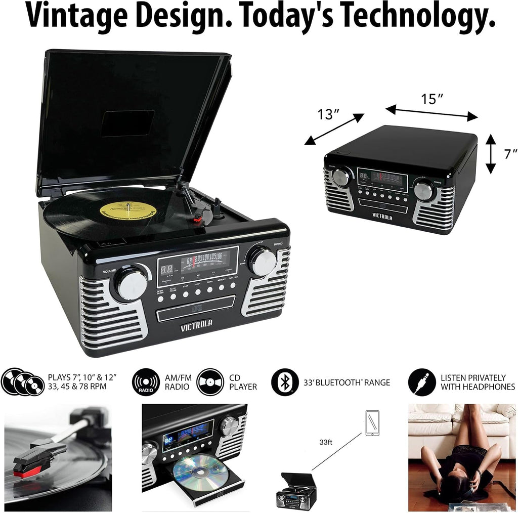 Victrola Haley Retro Bluetooth Record Player & Multimedia Center with Built-in Speakers - 3-Speed Turntable, CD Player, AM/FM Radio, 3.5mm Aux-In, Wireless Music Streaming, Black