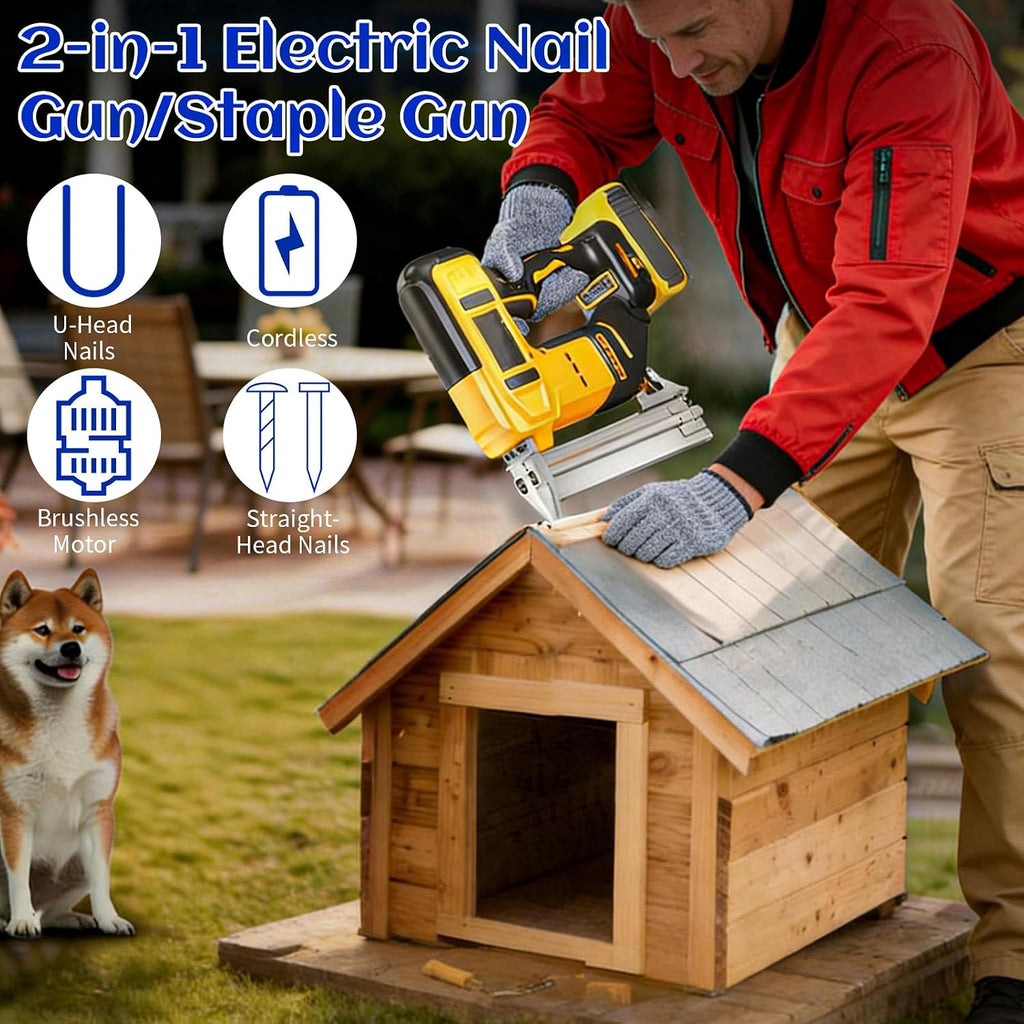 2-in-1 18 Gauge Cordless Brad Nailer & Staple Gun for Dewalt 20V MAX Battery, Battery Powered Electric Nail Gun with 1000 Nails for Woodworking, DIY, Framing & Home Improvement (No Battery)
