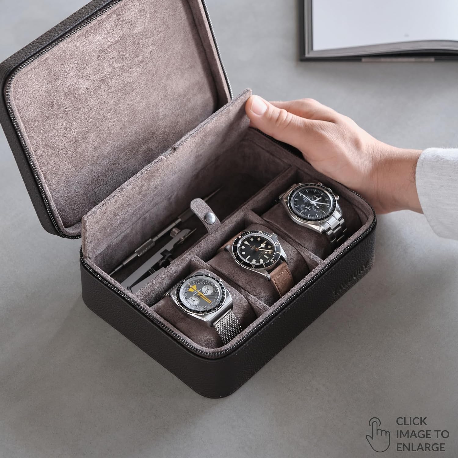 TAWBURY 3 Watch Case with Storage Compartment – Top-Grain Leather Watch Travel Case for Men | Leather Watch Roll Travel Case | Travel Watch Cases for Men | Travel Watch Box for Men Leather
