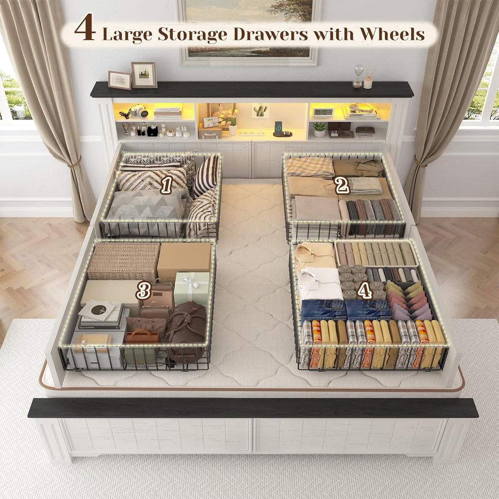 EnHomee Full Size Bed Frame with Headboard and Storage, 4 Drawers and LED Built in Charging Station Full Bed Frame with Storage Farmhouse,NO Noise,No Box Spring Needed,White