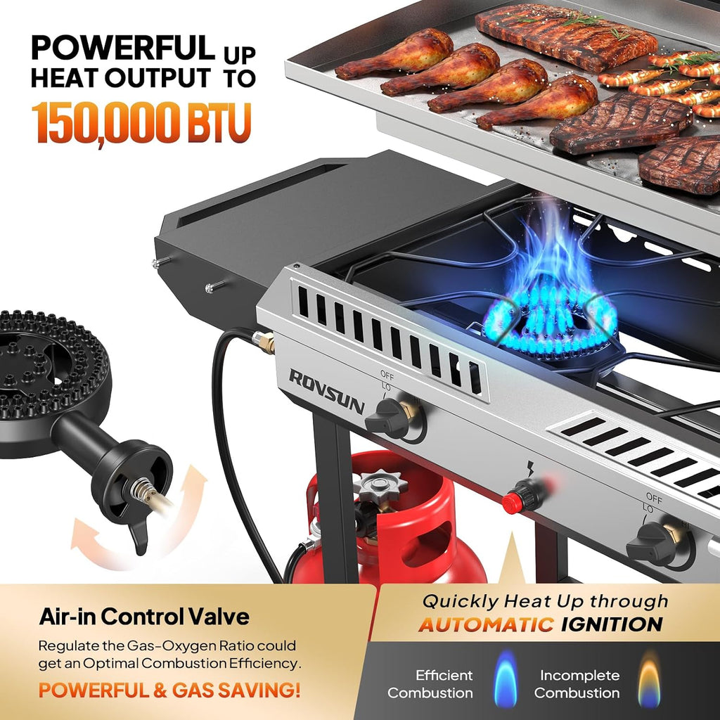 ROVSUN 2-in-1 Propane Stove & 30'' Griddle Combo with Ignition, 2 Burner 150,000 BTU Gas Stove & Grill with Side Shelves, Rolling Wheel & Regulator for Home Outdoor Backyard Camping Cooking Grilling