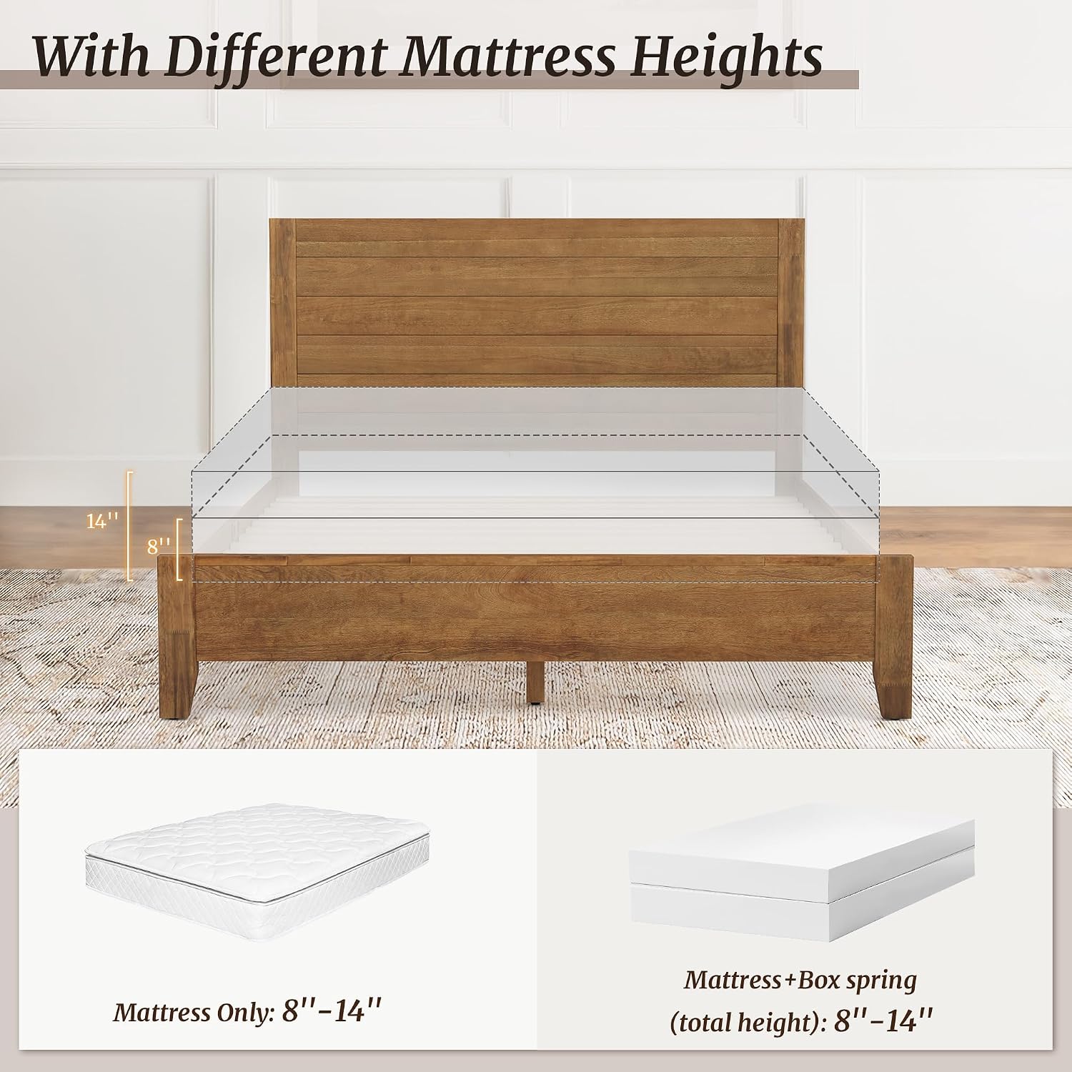 Cozyman Queen Bed Frame with Headboard, 100% Solid Acacia Wood Platform, 800lb Heavy Duty Support with 10 Reinforced Legs, Noise-Free No Box Spring Needed, Low-Profile Design, Dark Wood