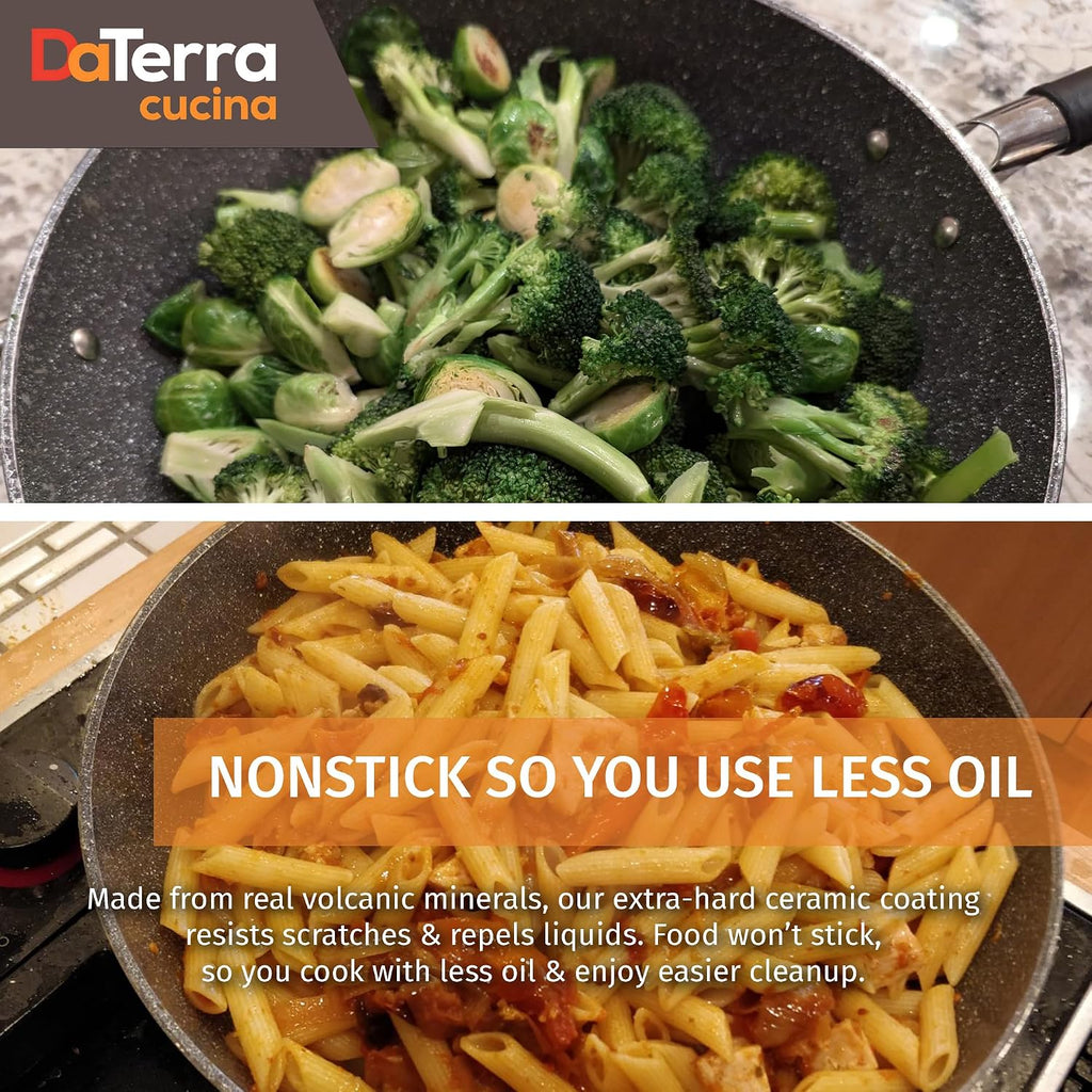 DaTerra Cucina - 13' Nonstick Ceramic Wok with Lid - Made in Italy - High Heat Resistant Nonstick Cookware - Oven & Induction Safe, PTFE, Cadmium, Lead & PFOA free - Volcanic Black Speckled