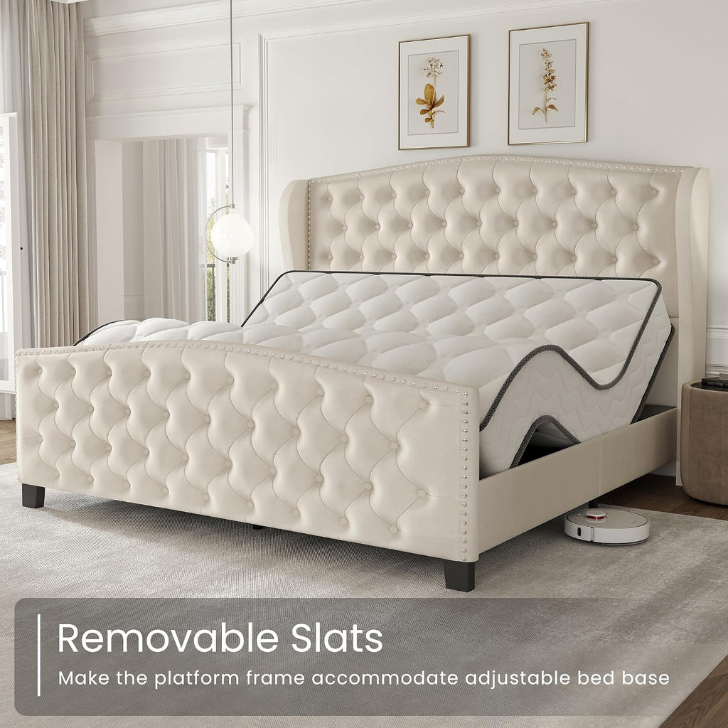 LARMACE Queen Size Bed Frame Velvet Upholstered Platform Bed with Wingback Headboard & Footbaord, Deep Button Tufted Bed Frame with Wood Slats Support, No Box Spring Needed, Beige