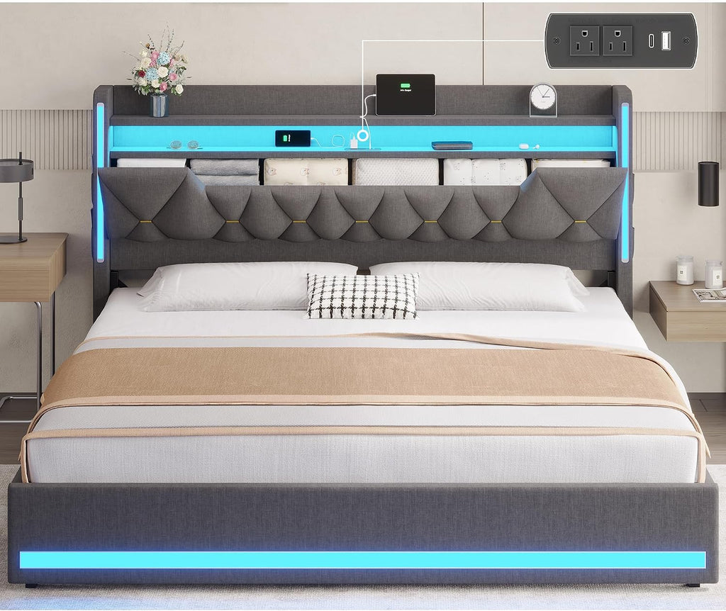 BYSAUD California King Bed Frames, Cal King Bed Frame with Storage Headboard & Hidden Space, Platform Bed Frame with LED Lights & Charging Station, No Noise, No Box Spring Needed, Dark Gray, Linen