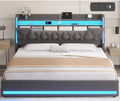 BYSAUD California King Bed Frames, Cal King Bed Frame with Storage Headboard & Hidden Space, Platform Bed Frame with LED Lights & Charging Station, No Noise, No Box Spring Needed, Dark Gray, Linen