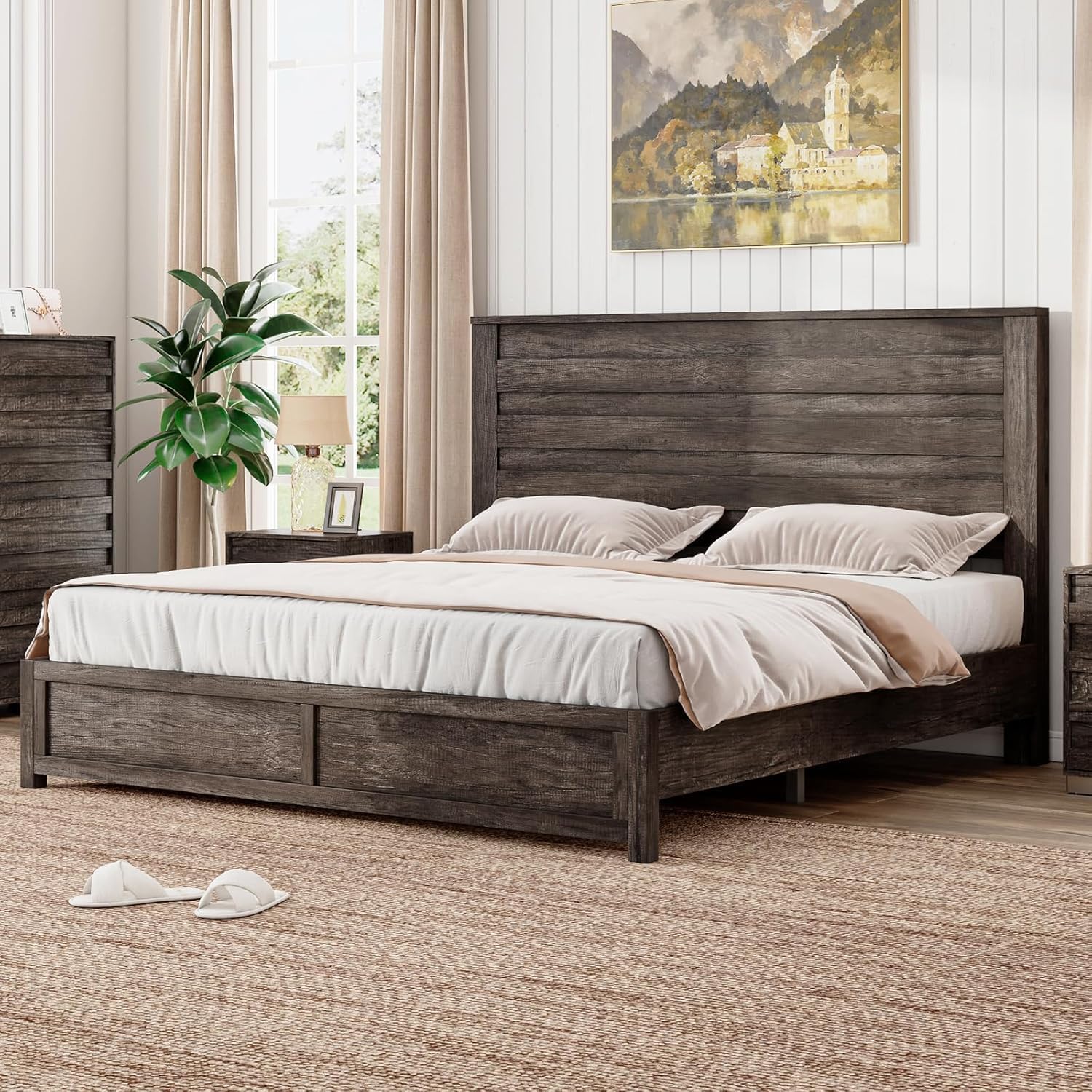 LUXOAK 3 Pcs Bedroom Furniture Sets,Includes Farmhouse Full Size Bed Frame with 49' Tall Headboard and Nightstand Sets of 2 with Charging Station, Slated Handles & Stainless Steel Feet, Rustic Grey