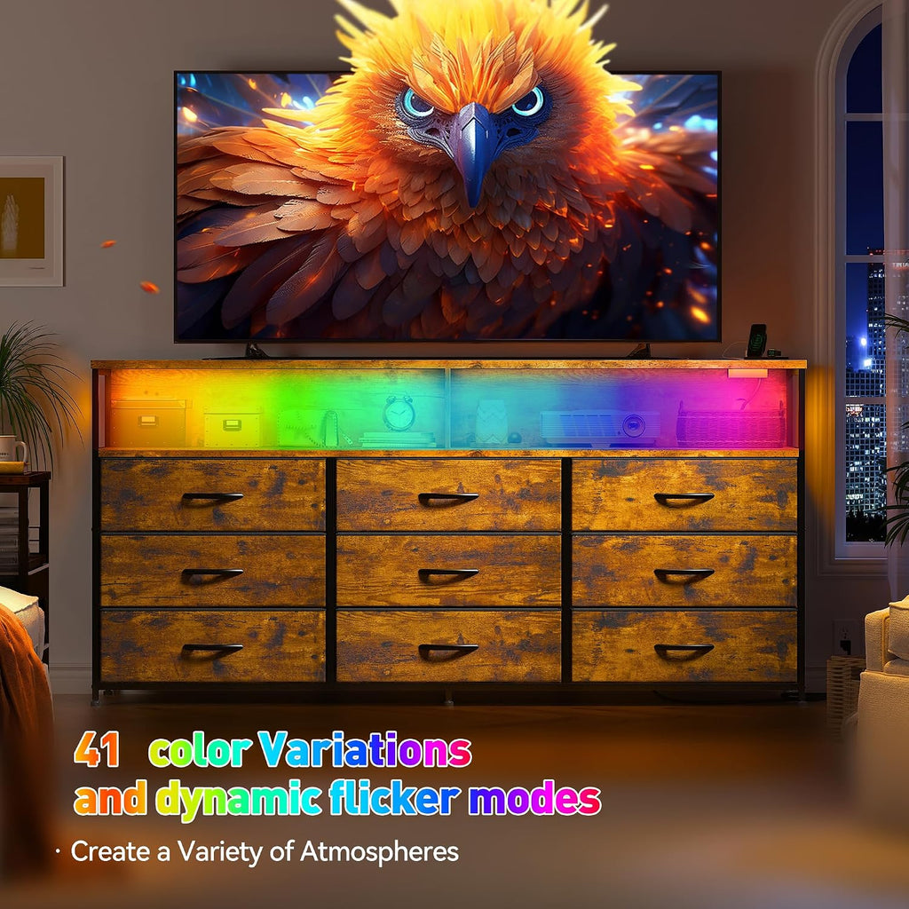 EnHomee 55' W Dresser for Bedroom with Charging Station & LED, 65/55 Inch TV Stand with 9 Fabric Drawers, Sturdy Dressers & Chest of Drawers with 2 Wood Storage Open Shelves,Entryway, Rustic Brown