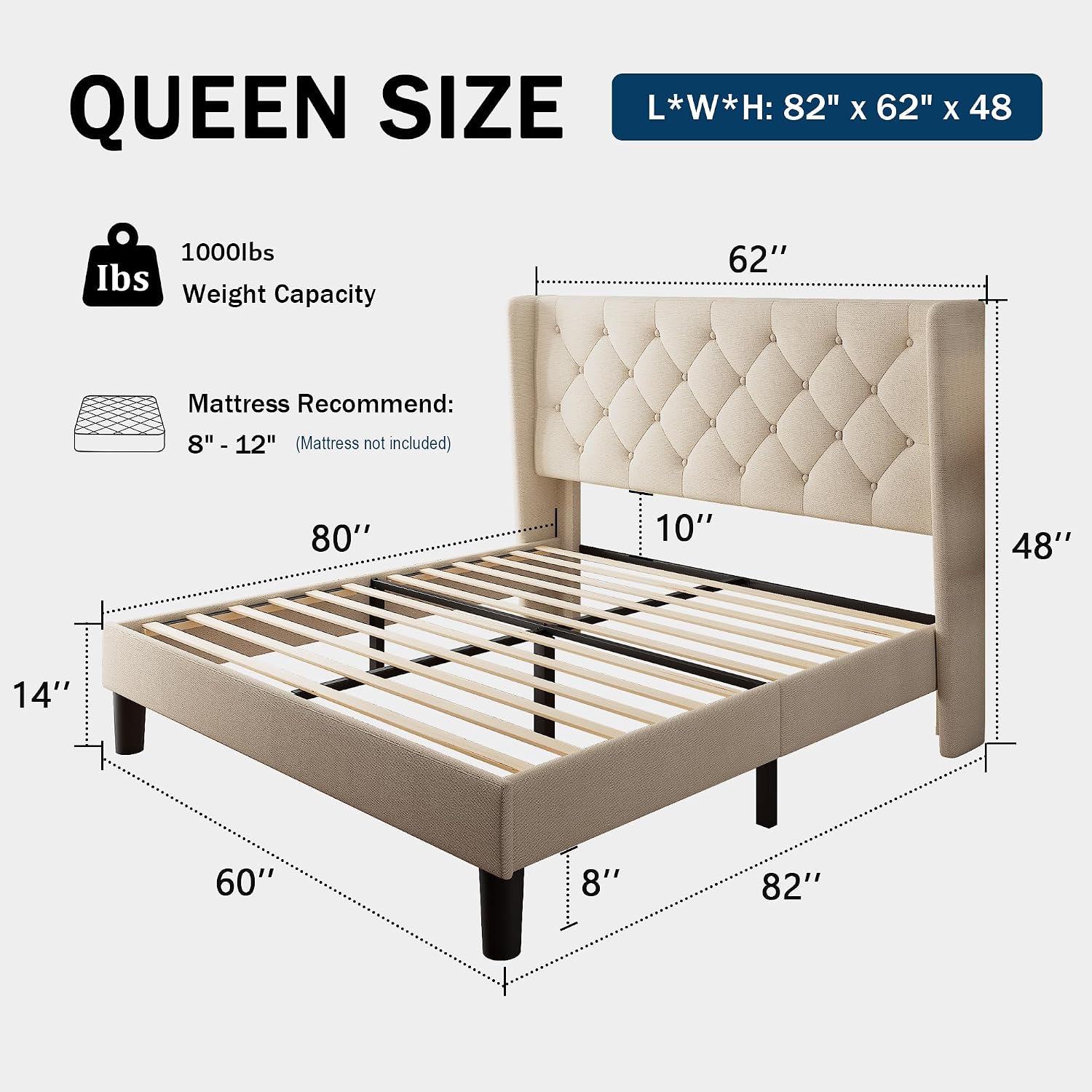 GalnFu Queen Size Bed Frame with Button Tufted Upholstered Headboard, Platform Bed Frame w/Sturdy Base Supports, Noise Free, No Box Spring Needed, Easy Assembly, Beige