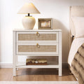 SICOTAS 26.7' Wide Boho Rattan Nightstand, White Oak Bedside Table with 2 Drawers & Open Shelf, Large Side Table for King Size Bed, Modern Coastal Accent Table for Bedroom