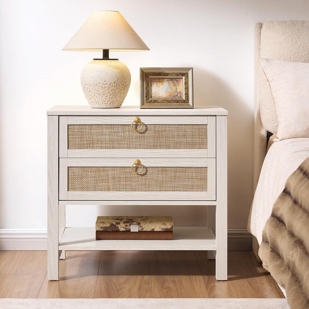 SICOTAS Boho Rattan Nightstand Set of 2, 26.7' Extra Wide Bedside Table with 2 Drawers & Open Shelf, White Oak Large Side Table for King Size Bed, Modern Coastal End Table for Master Bedroom