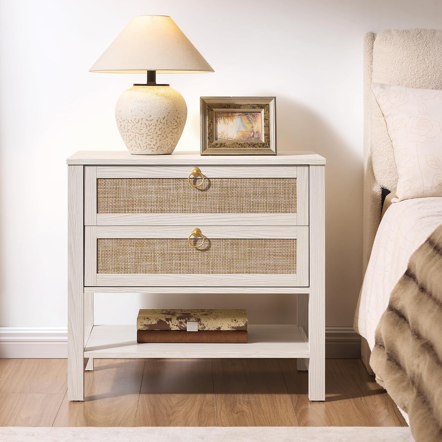 SICOTAS Boho Rattan Nightstand Set of 2, 26.7' Extra Wide Bedside Table with 2 Drawers & Open Shelf, White Oak Large Side Table for King Size Bed, Modern Coastal End Table for Master Bedroom