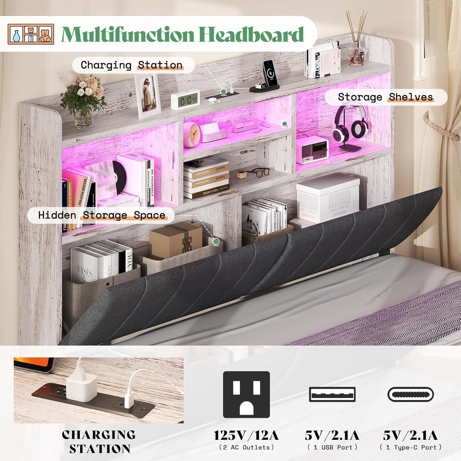 AMERLIFE Queen Size Bed Frame with 51.2' Tall Bookcase Headboard, Farmhouse Platform Bed with 4 Storage Drawers, Linen Upholstered, Charging Station & Storage, Rustic White