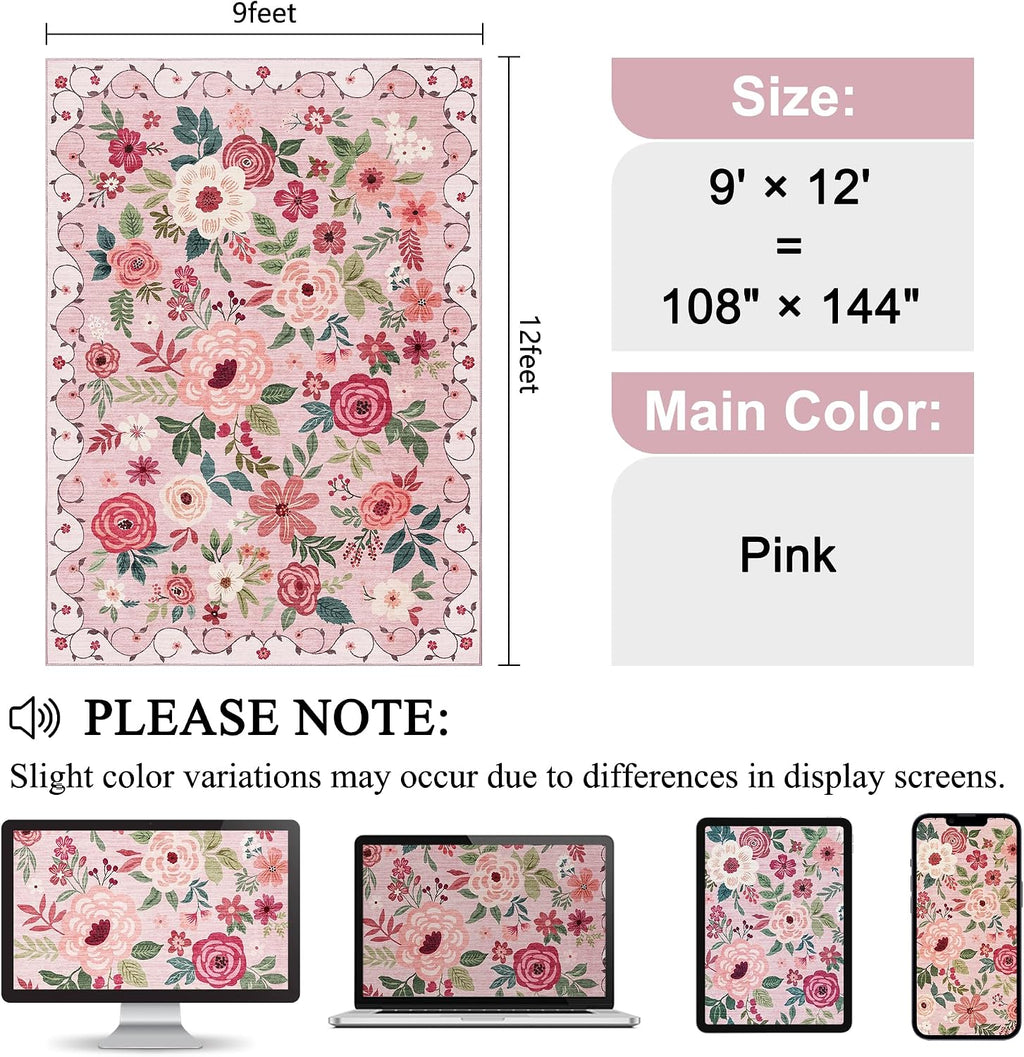 DUKINO 9x12 Area Rug, Floral Rugs for Living Room, Lightweight Non Slip Washable Rug, Indoor Low Pile & Non-Shedding Boho Design Rugs for Bedroom, Living Room, Dining Room, Pink