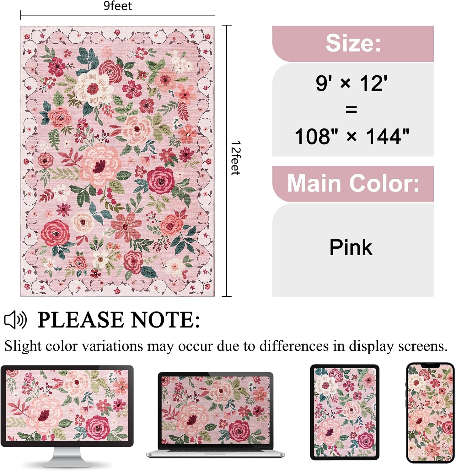 DUKINO 9x12 Area Rug, Floral Rugs for Living Room, Lightweight Non Slip Washable Rug, Indoor Low Pile & Non-Shedding Boho Design Rugs for Bedroom, Living Room, Dining Room, Pink