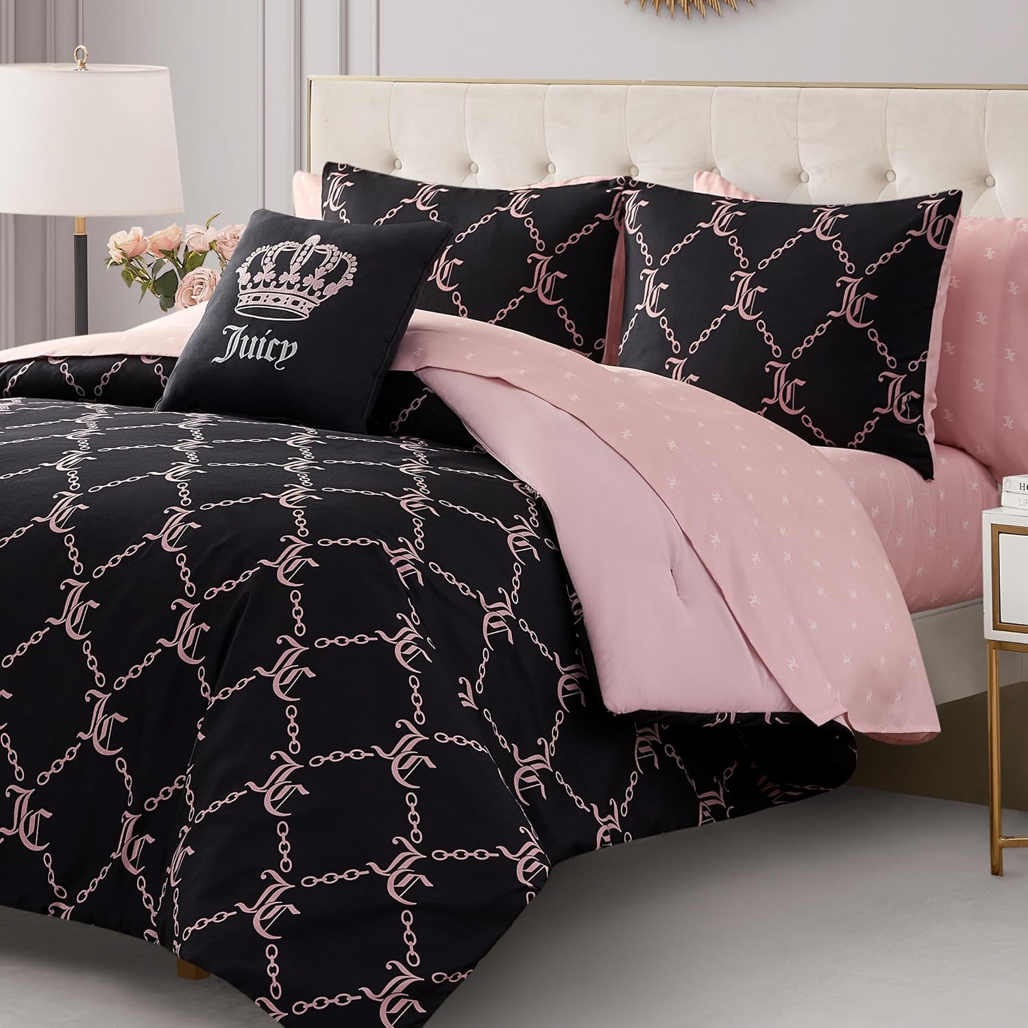 Juicy Couture Black Link Logo Printed Comforter Set, King – Complete 8-Piece Bed in a Bag Collection